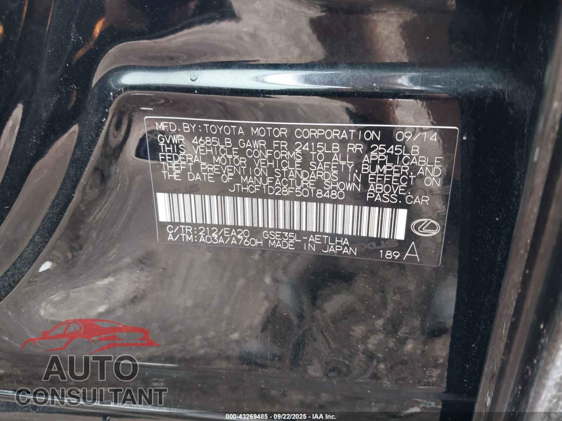 LEXUS IS 250 2015 - JTHCF1D28F5018480