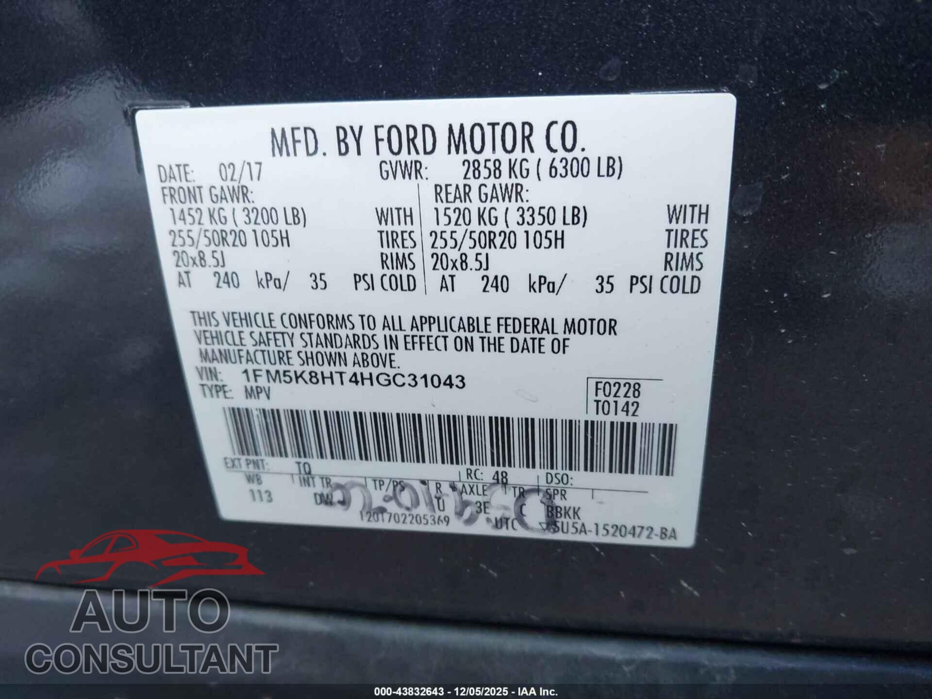FORD EXPLORER 2017 - 1FM5K8HT4HGC31043