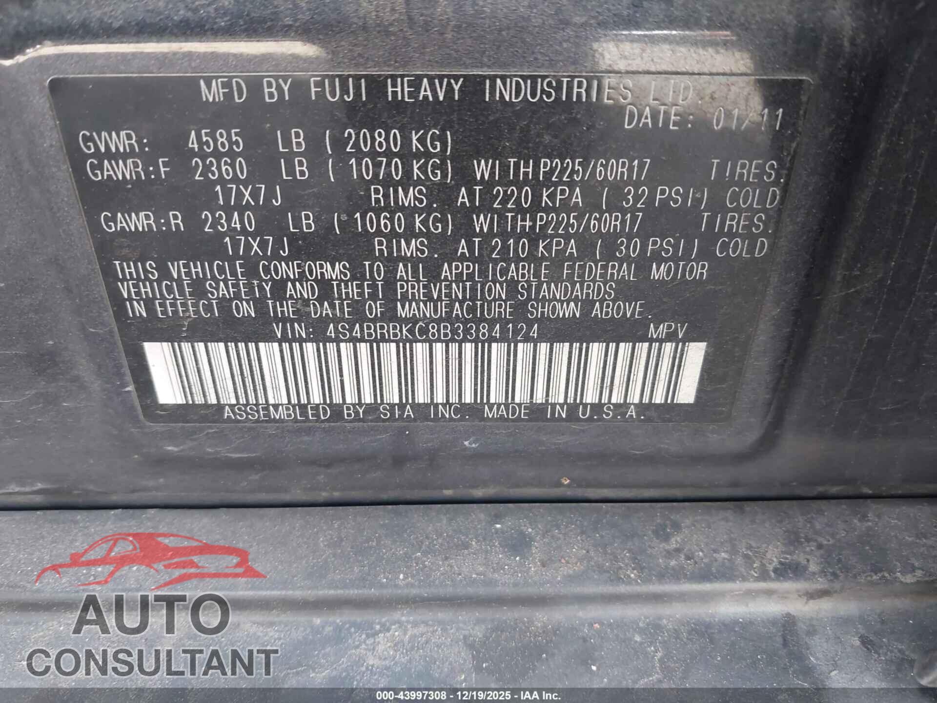 SUBARU OUTBACK 2011 - 4S4BRBKC8B3384124