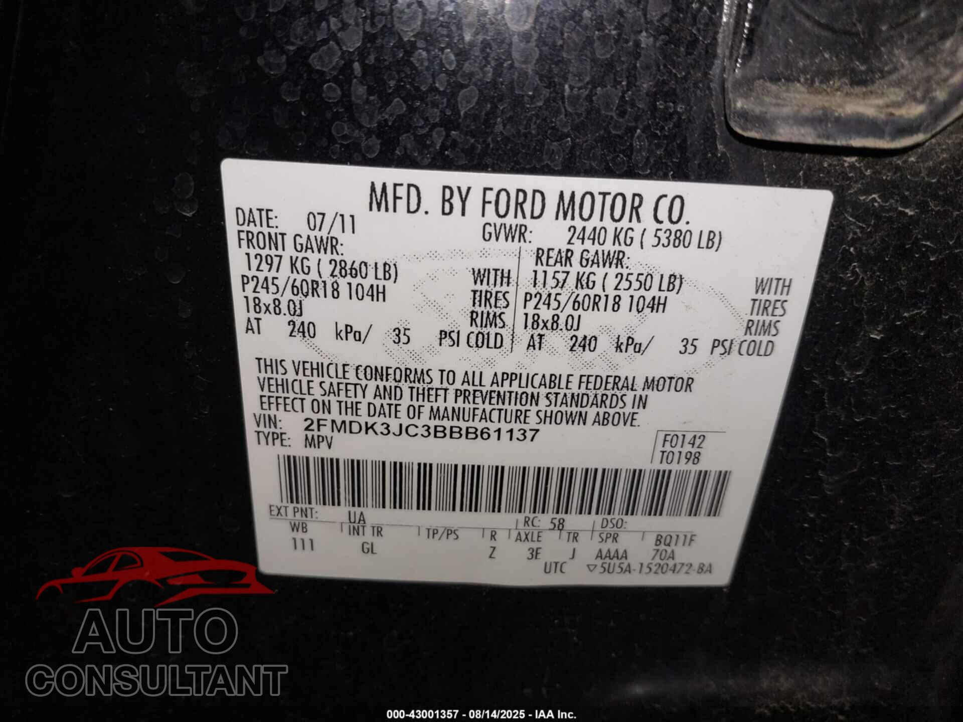 FORD EDGE 2011 - 2FMDK3JC3BBB61137