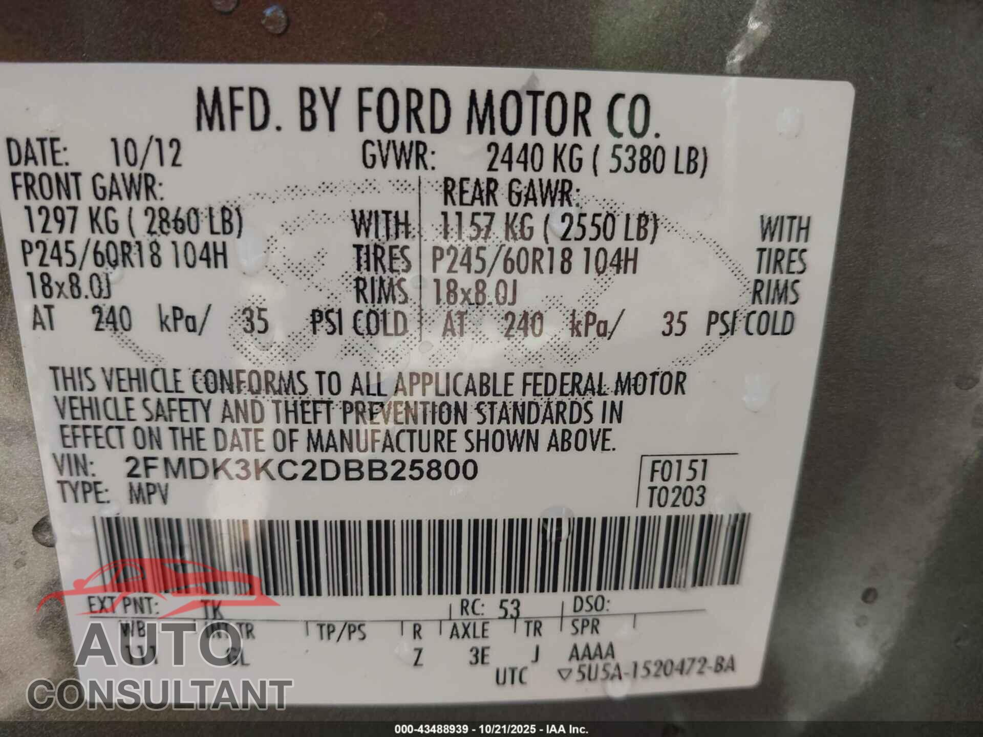 FORD EDGE 2013 - 2FMDK3KC2DBB25800