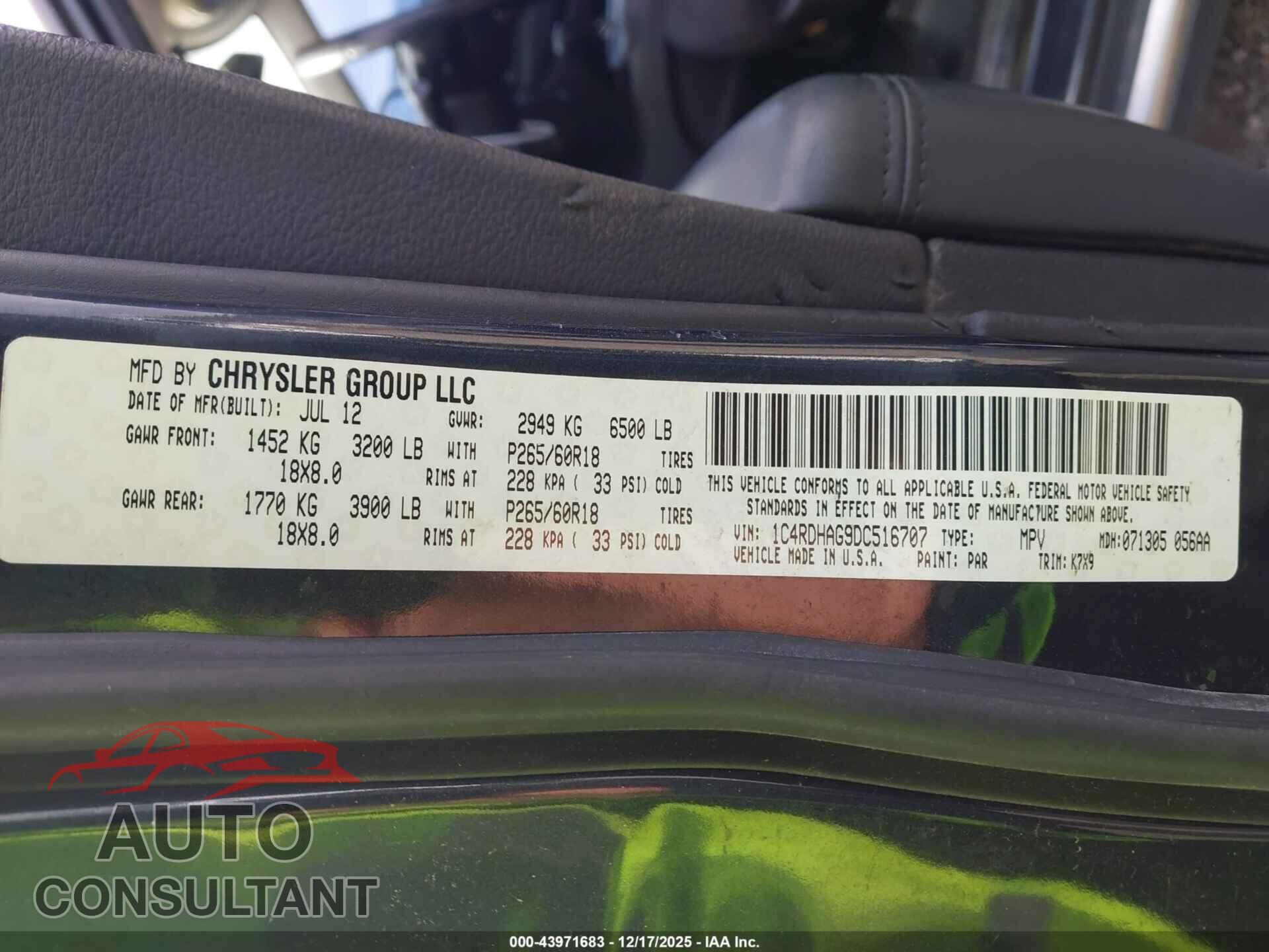 DODGE DURANGO 2013 - 1C4RDHAG9DC516707