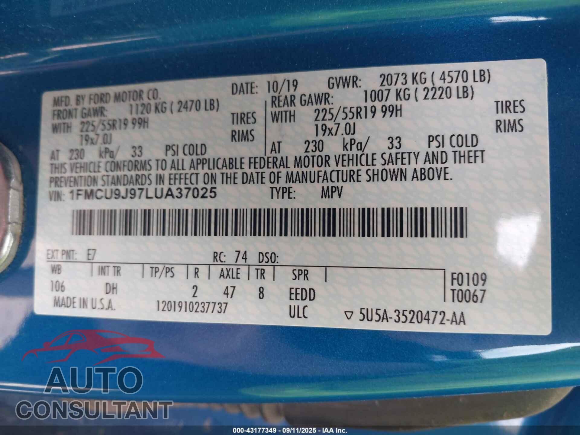 FORD ESCAPE 2020 - 1FMCU9J97LUA37025