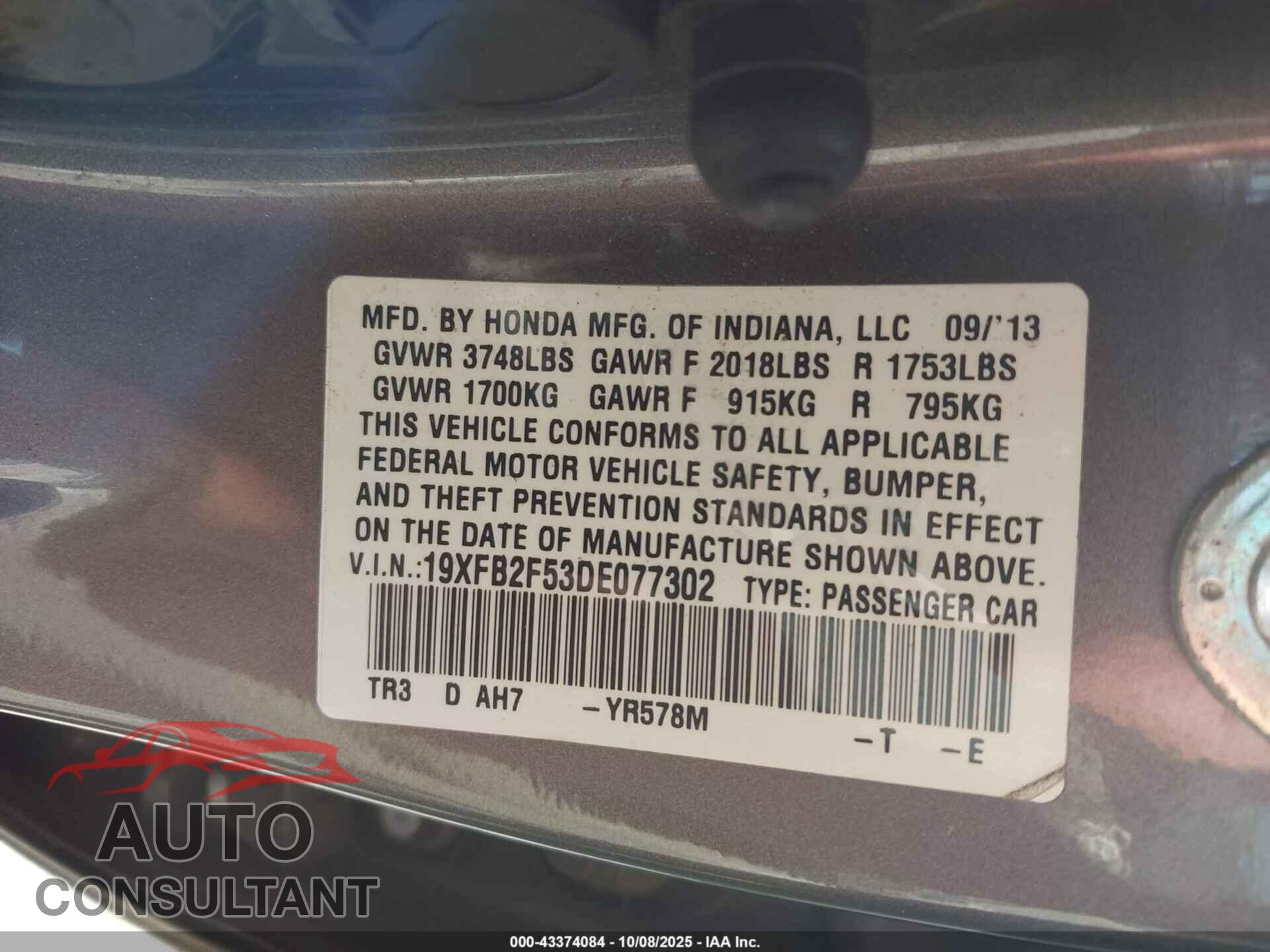HONDA CIVIC 2013 - 19XFB2F53DE077302
