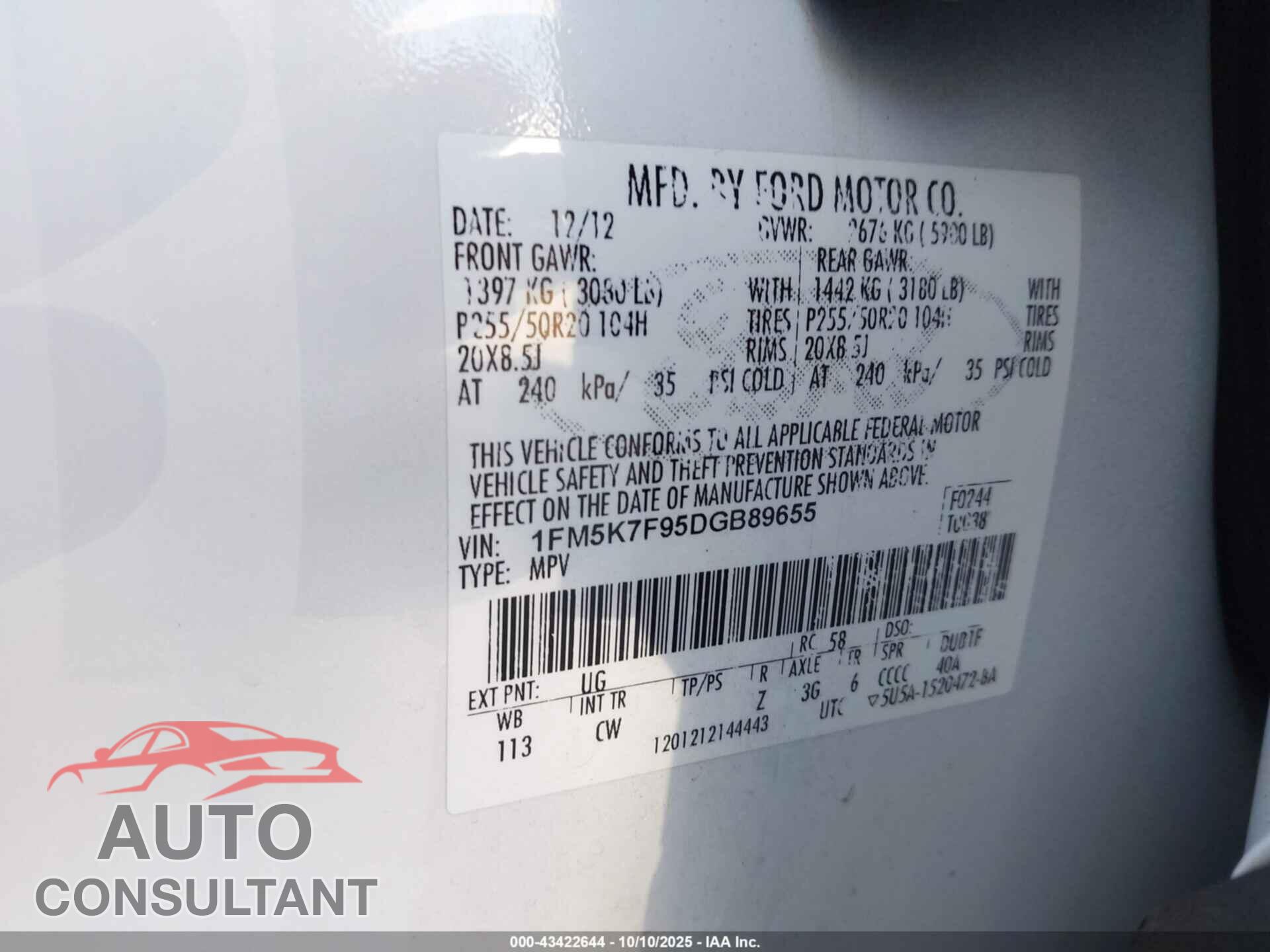 FORD EXPLORER 2013 - 1FM5K7F95DGB89655