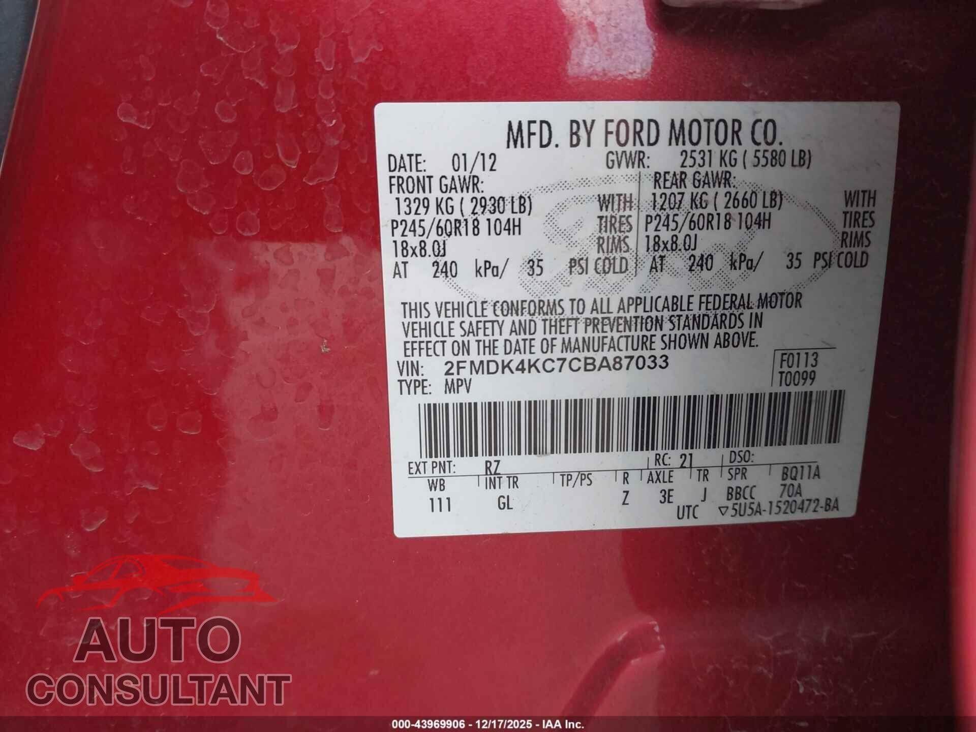 FORD EDGE 2012 - 2FMDK4KC7CBA87033