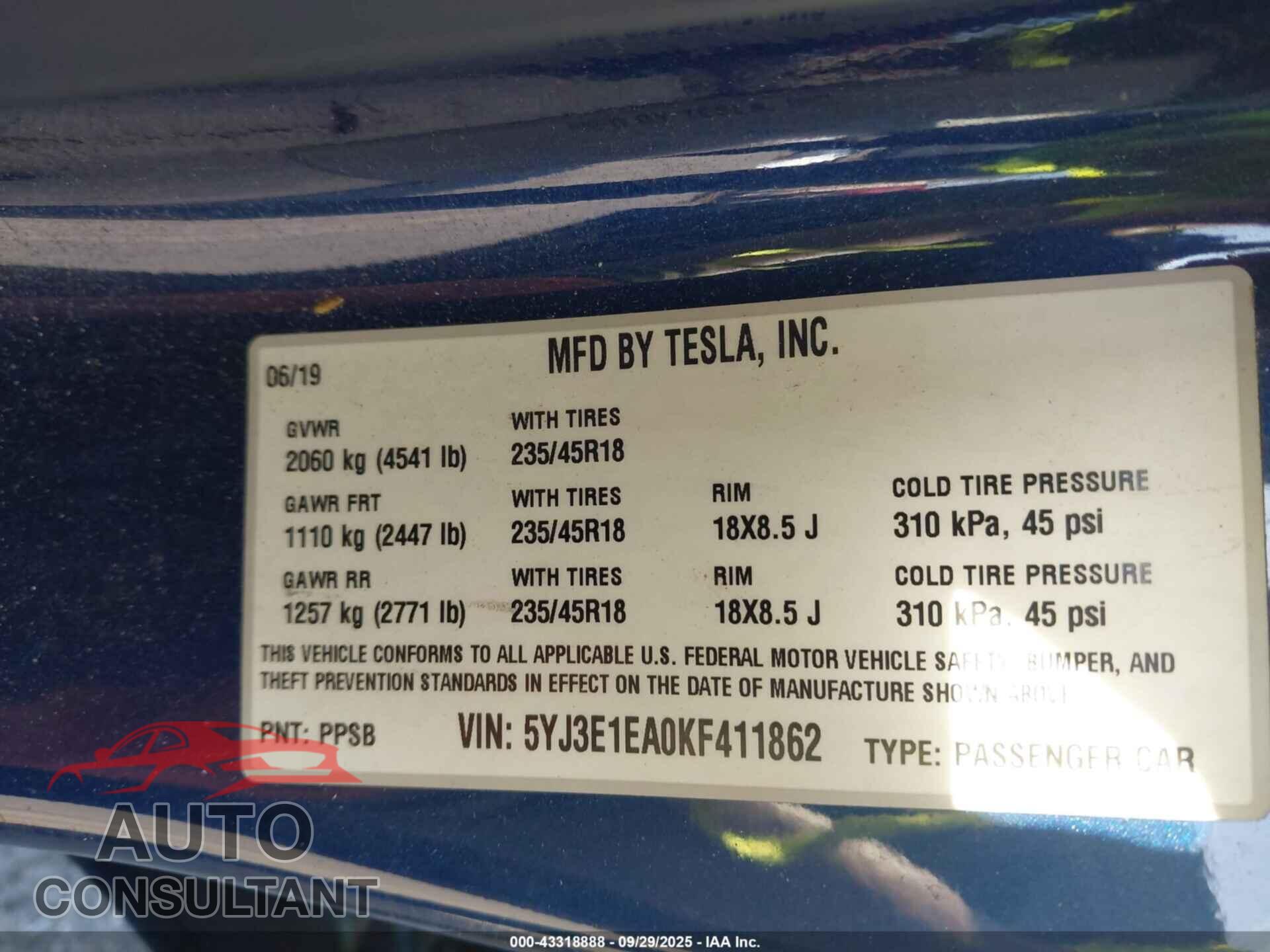 TESLA MODEL 3 2019 - 5YJ3E1EA0KF411862