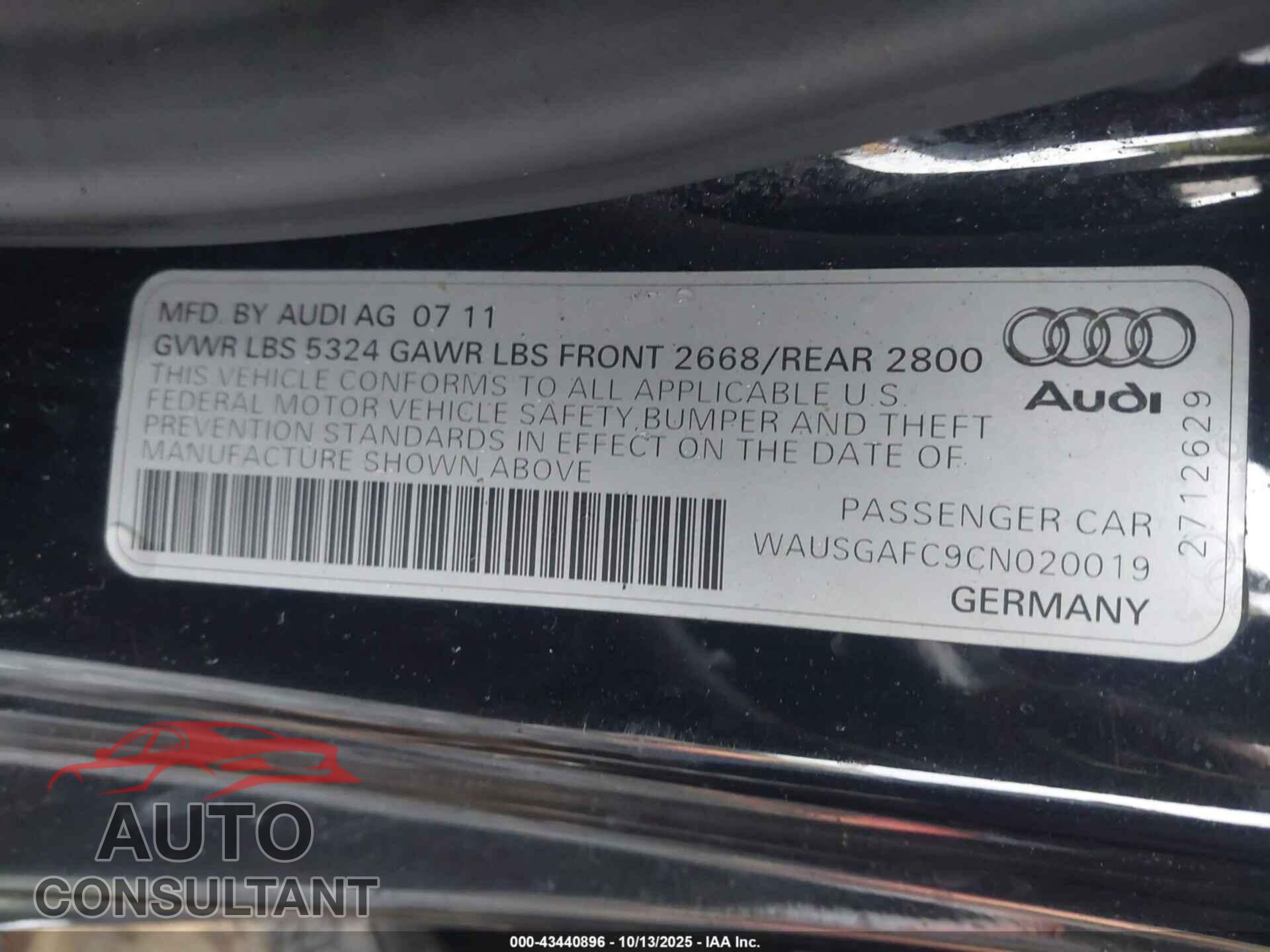 AUDI A7 2012 - WAUSGAFC9CN020019