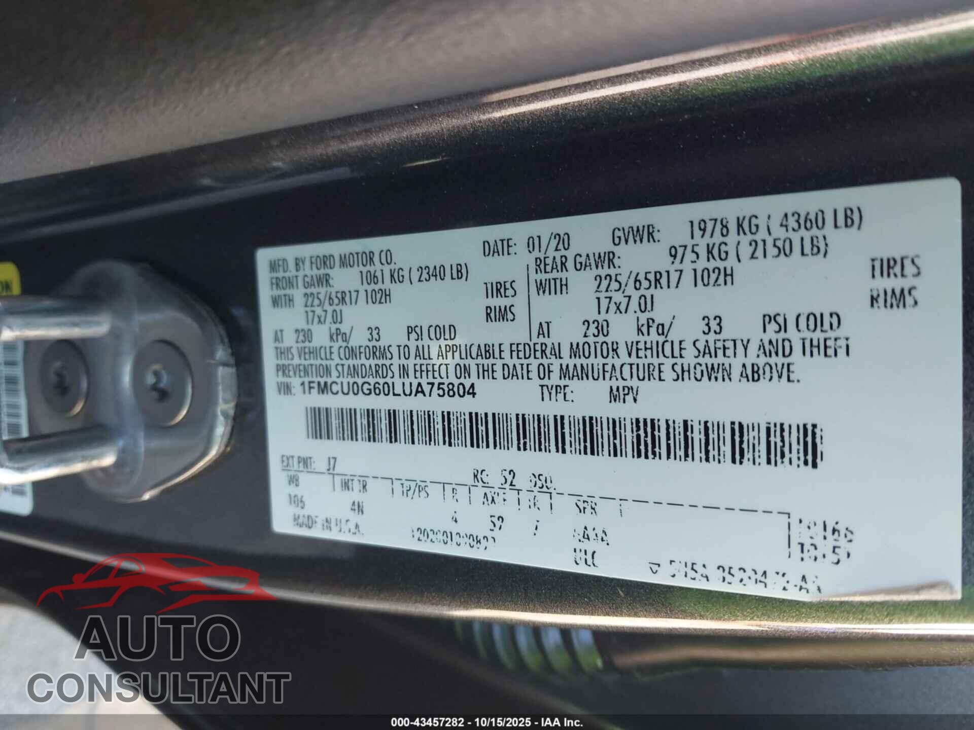 FORD ESCAPE 2020 - 1FMCU0G60LUA75804