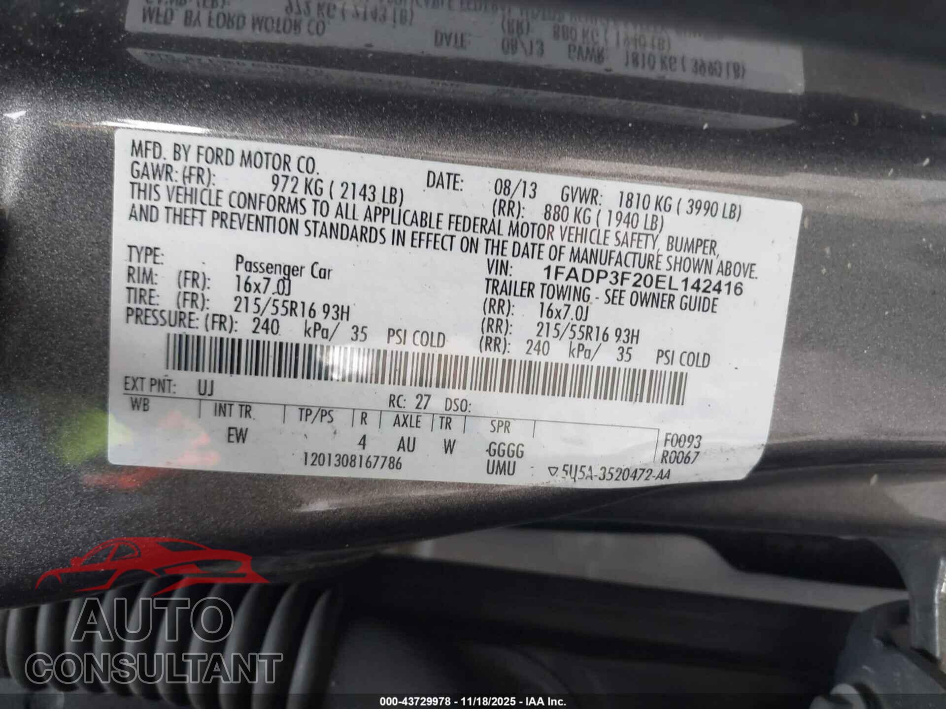 FORD FOCUS 2014 - 1FADP3F20EL142416