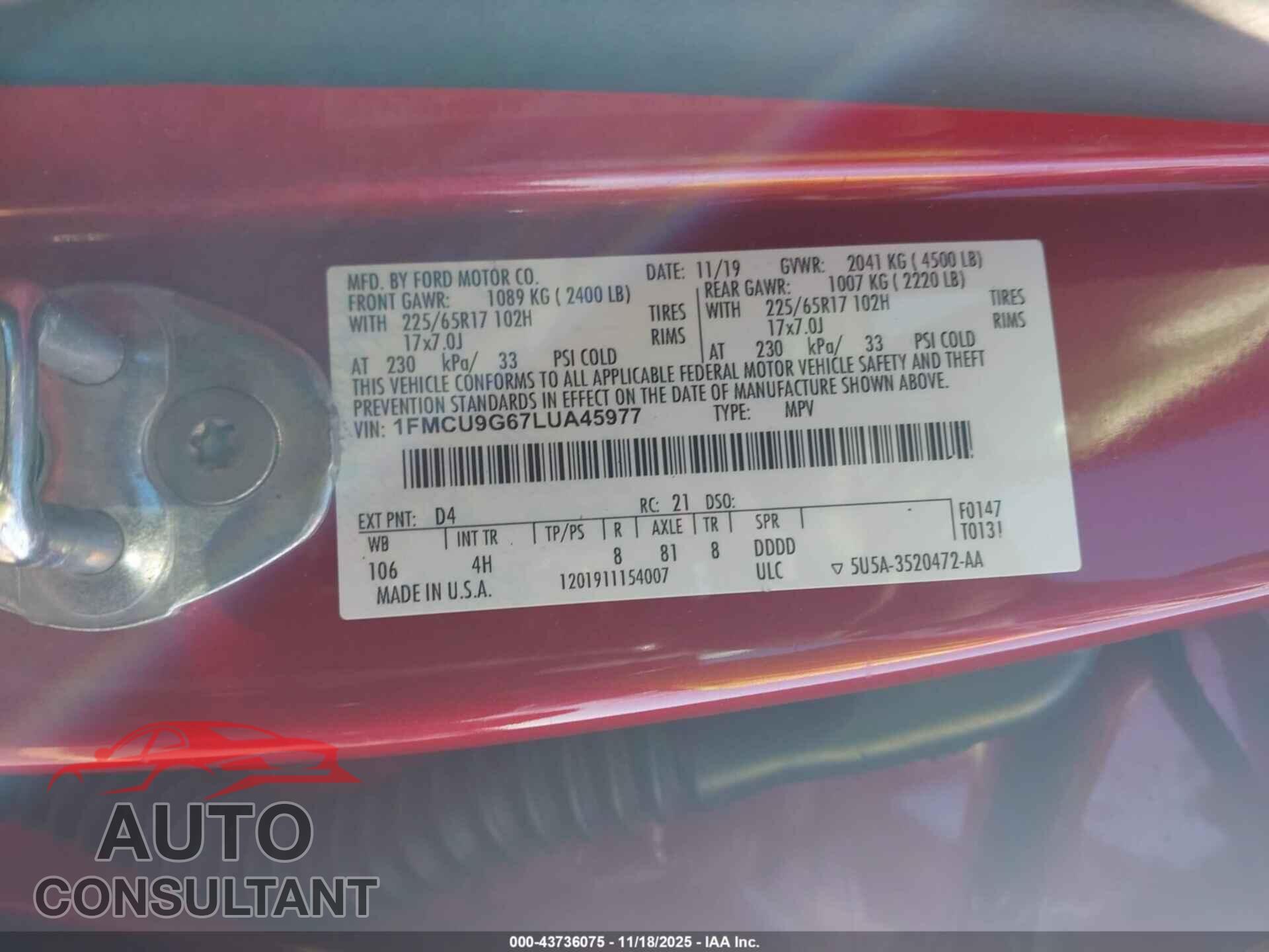 FORD ESCAPE 2020 - 1FMCU9G67LUA45977