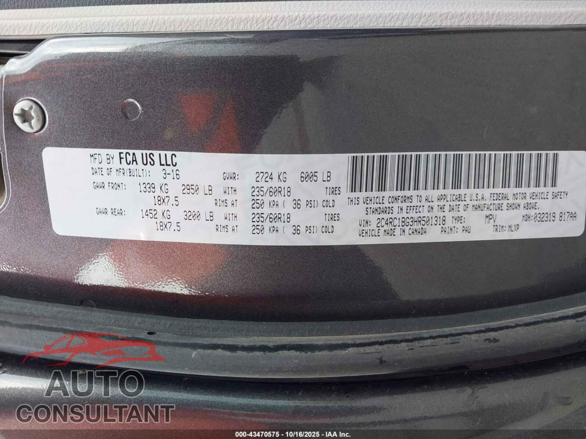 CHRYSLER PACIFICA 2017 - 2C4RC1BG3HR501318