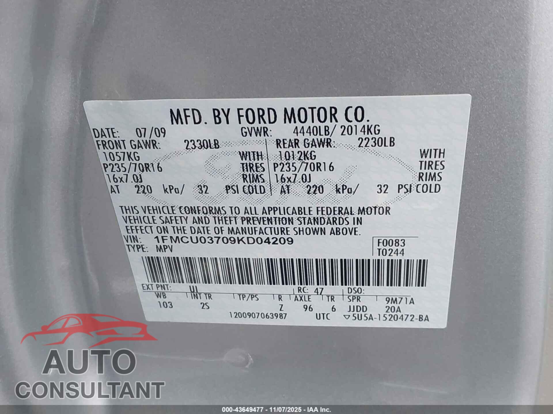 FORD ESCAPE 2009 - 1FMCU03709KD04209
