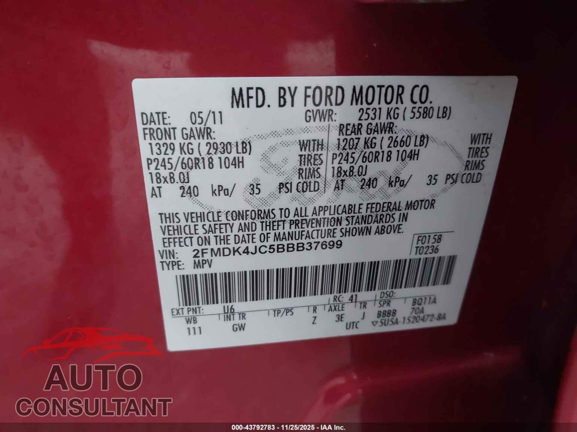 FORD EDGE 2011 - 2FMDK4JC5BBB37699