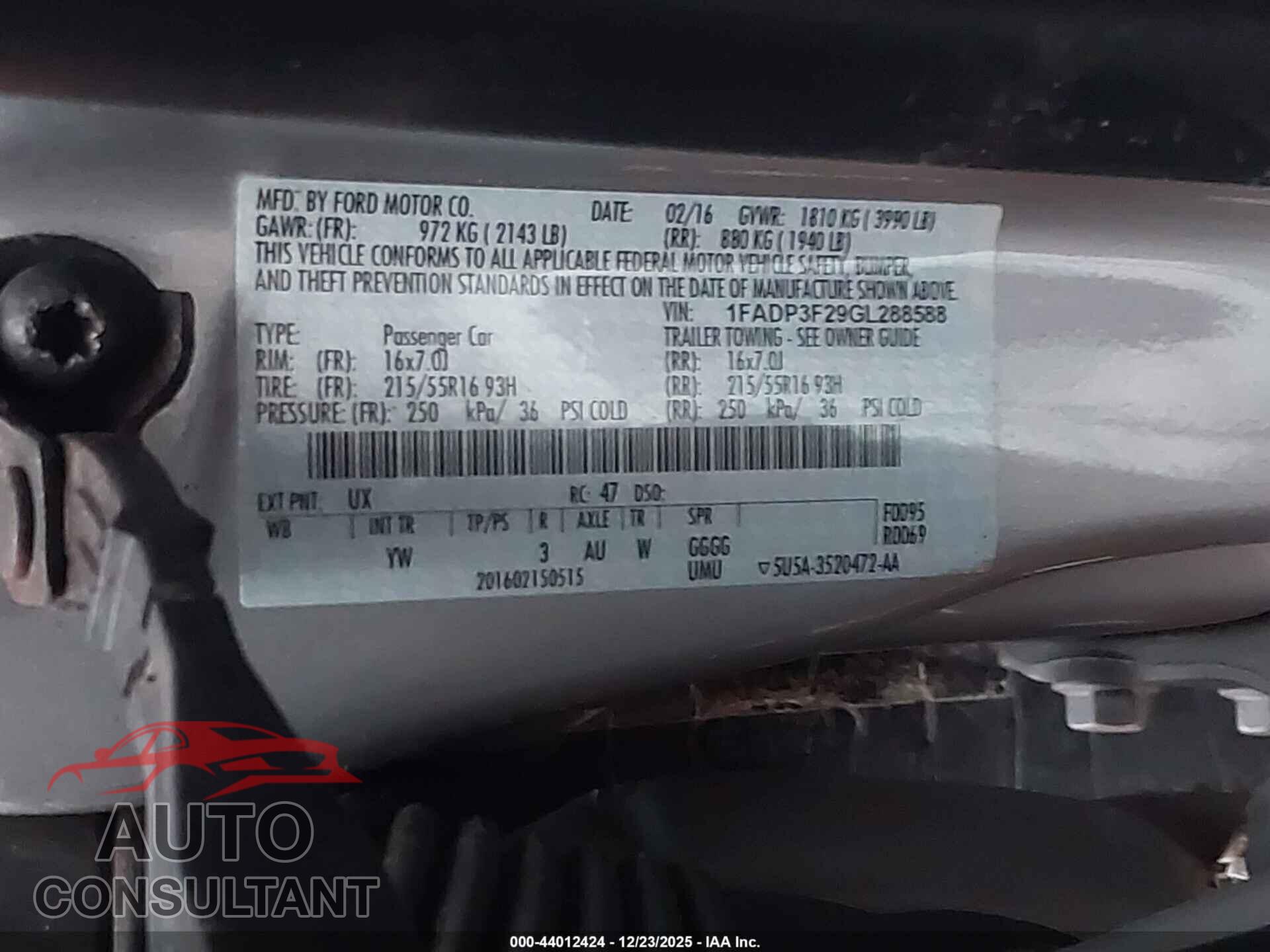 FORD FOCUS 2016 - 1FADP3F29GL288588