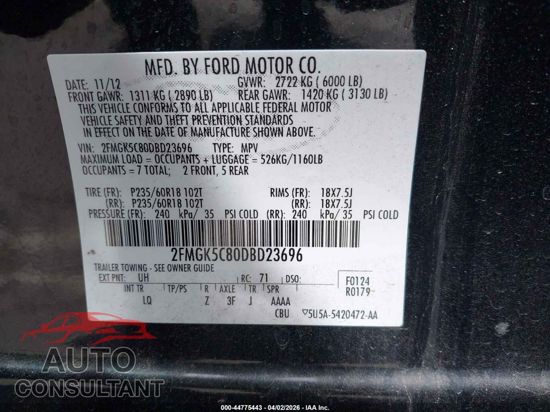 FORD FLEX 2013 - 2FMGK5C80DBD23696
