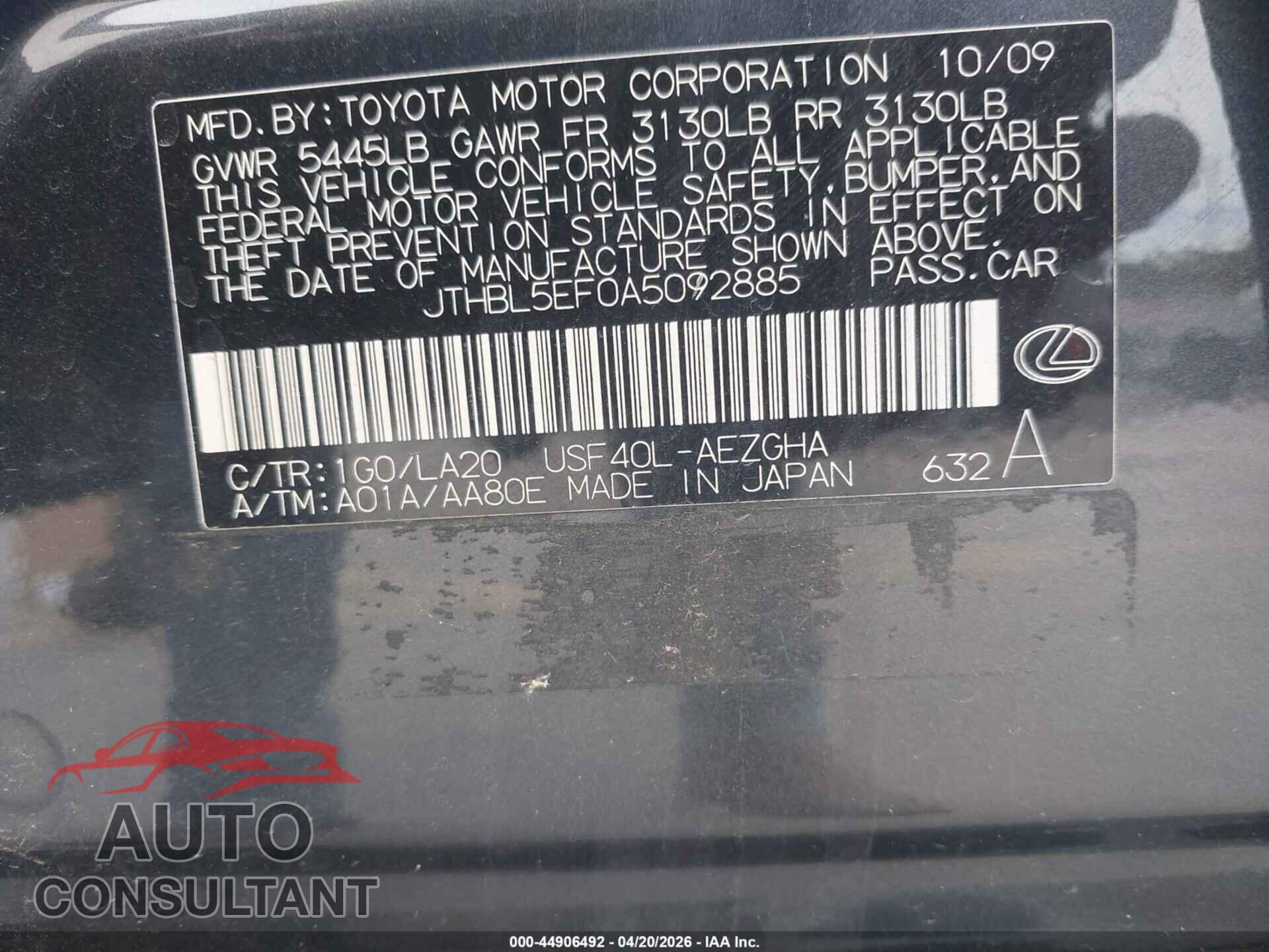 LEXUS LS 460 2010 - JTHBL5EF0A5092885