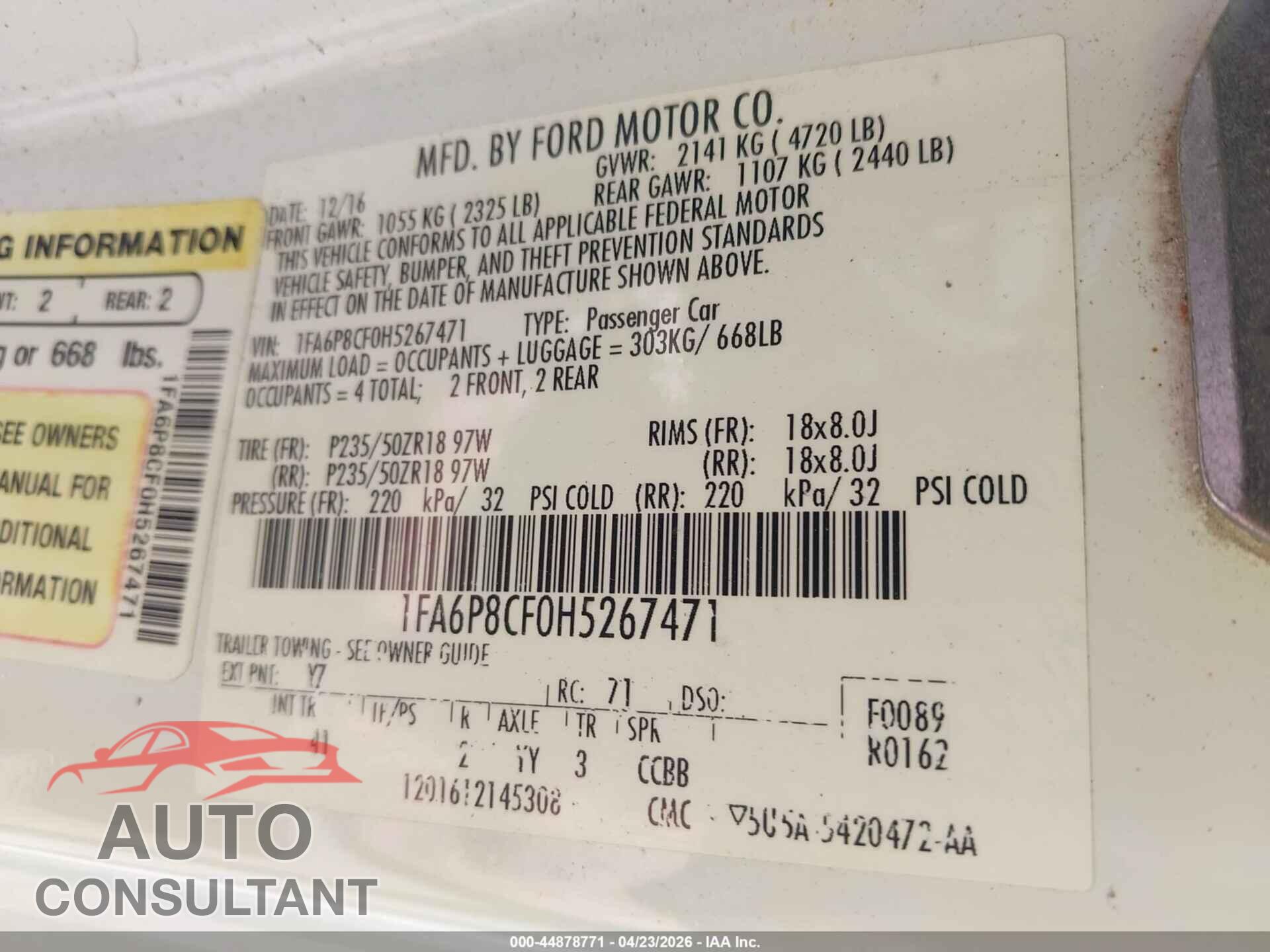 FORD MUSTANG 2017 - 1FA6P8CF0H5267471