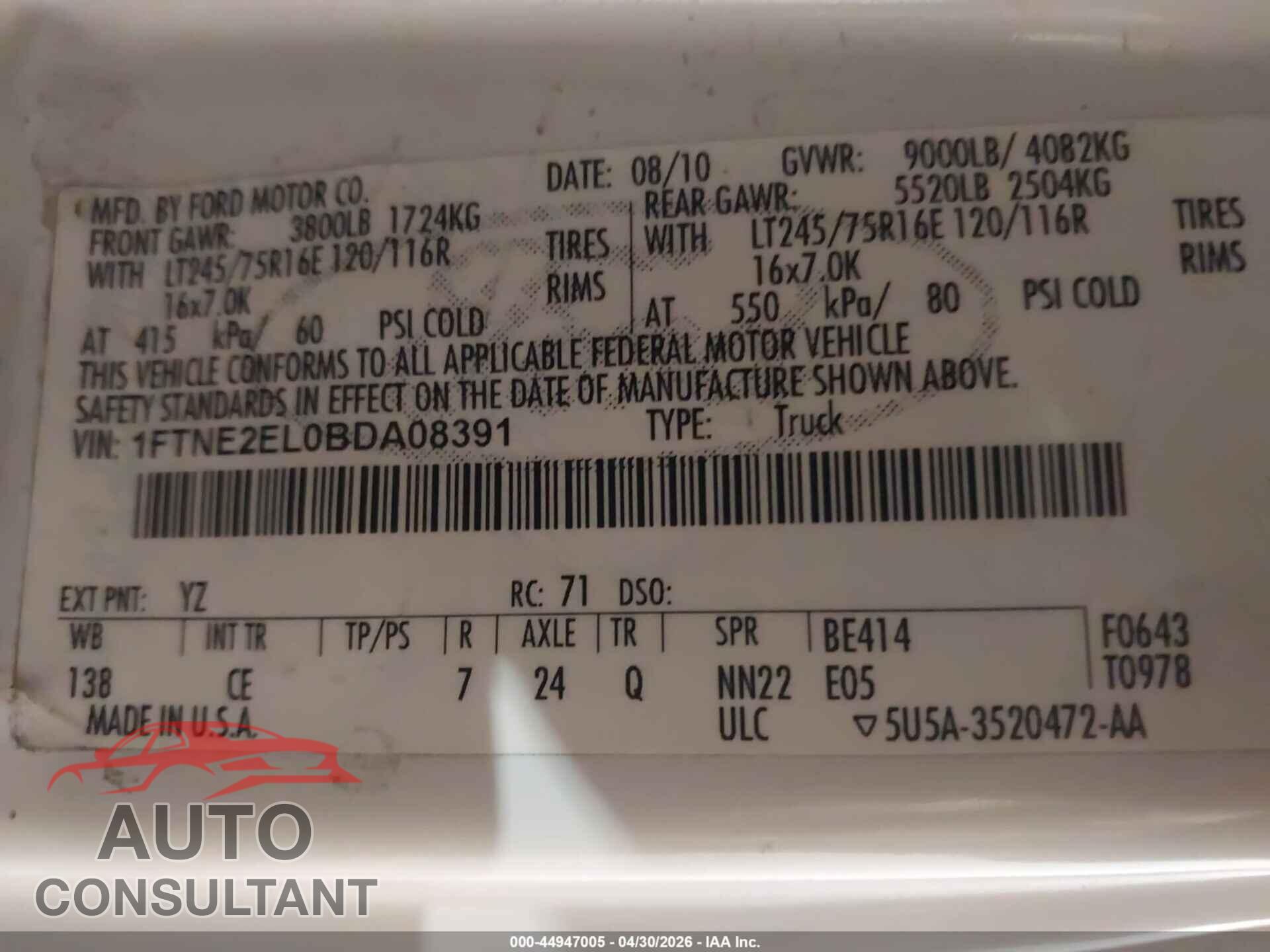 FORD E-250 2011 - 1FTNE2EL0BDA08391