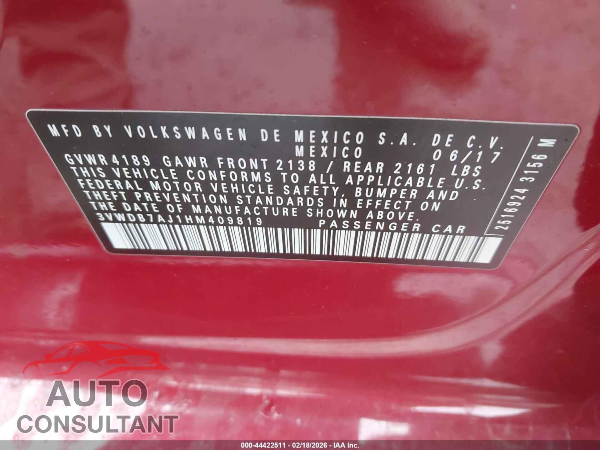 VOLKSWAGEN JETTA 2017 - 3VWDB7AJ1HM409819