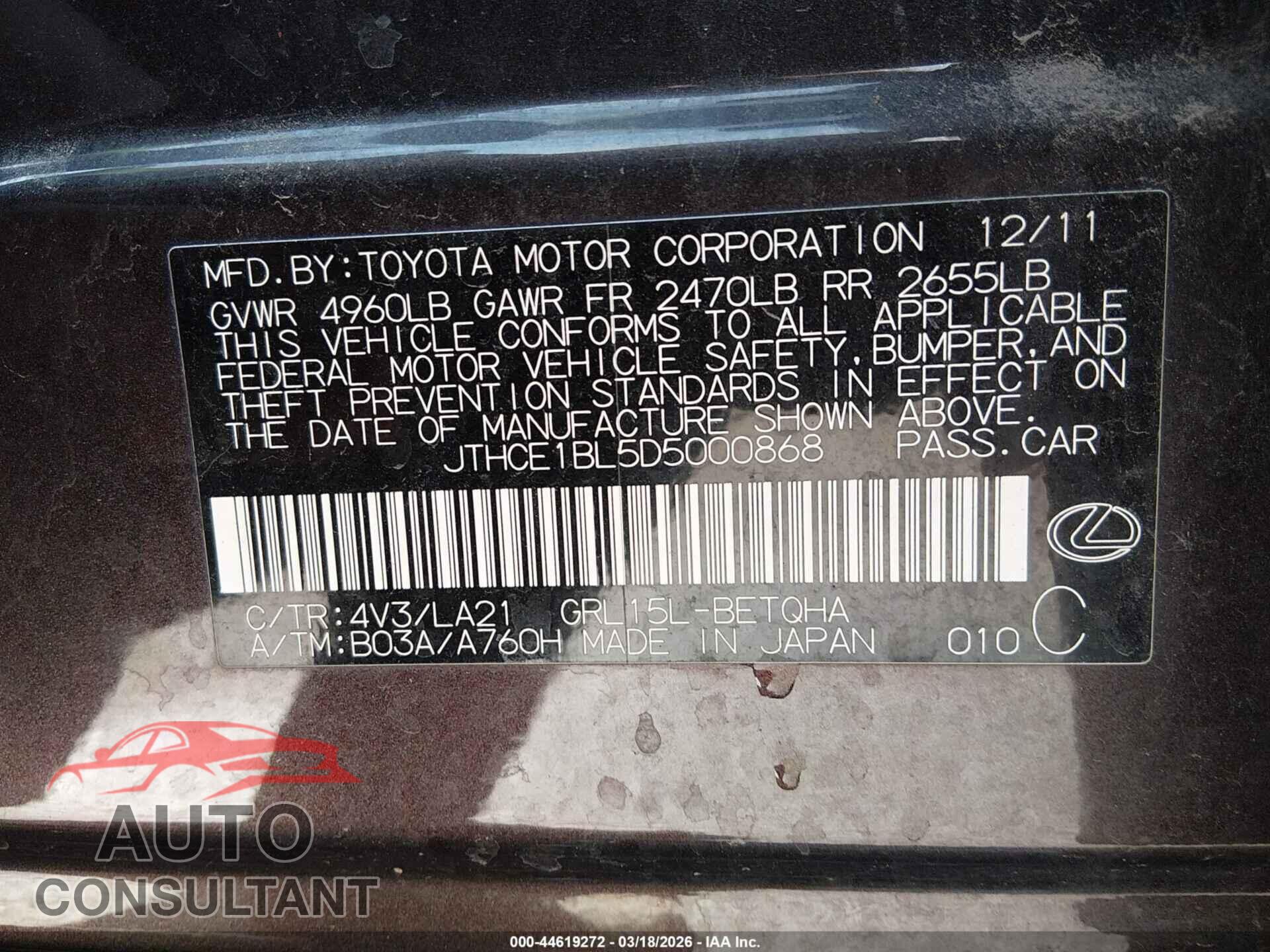 LEXUS GS 350 2013 - JTHCE1BL5D5000868