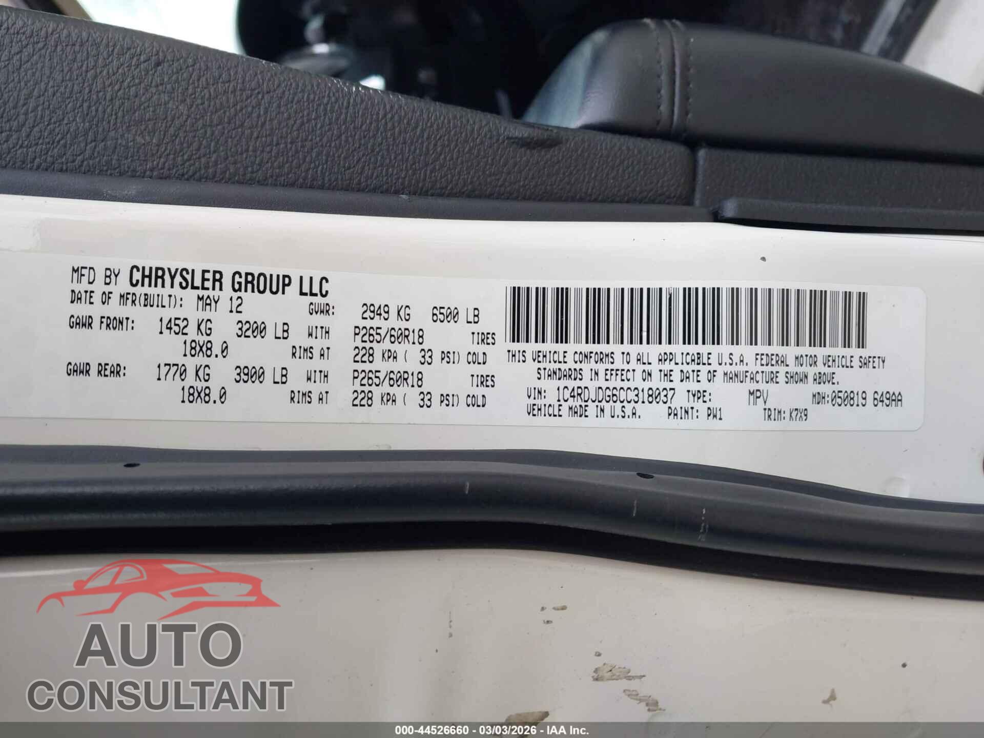DODGE DURANGO 2012 - 1C4RDJDG6CC318037