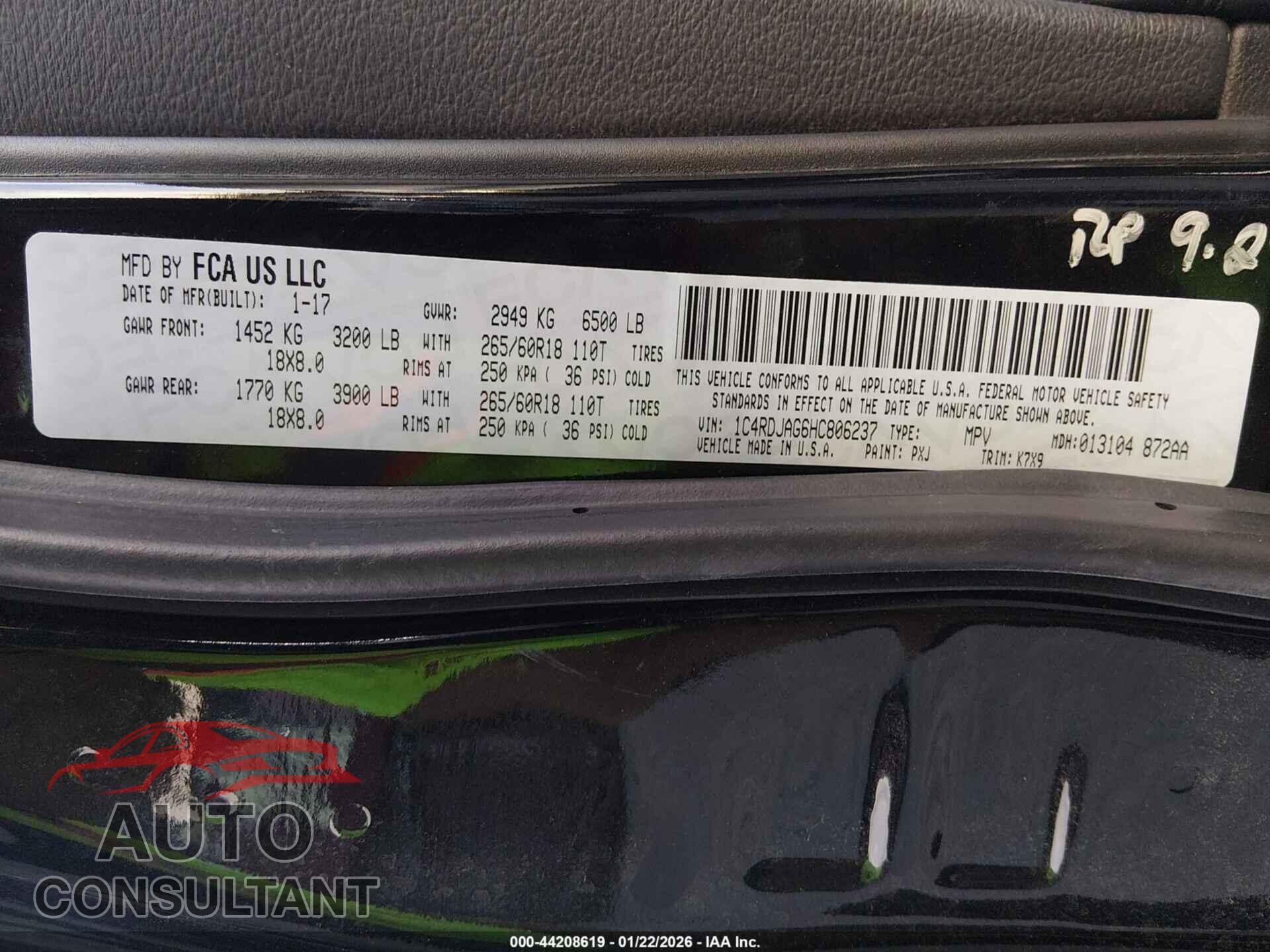 DODGE DURANGO 2017 - 1C4RDJAG6HC806237