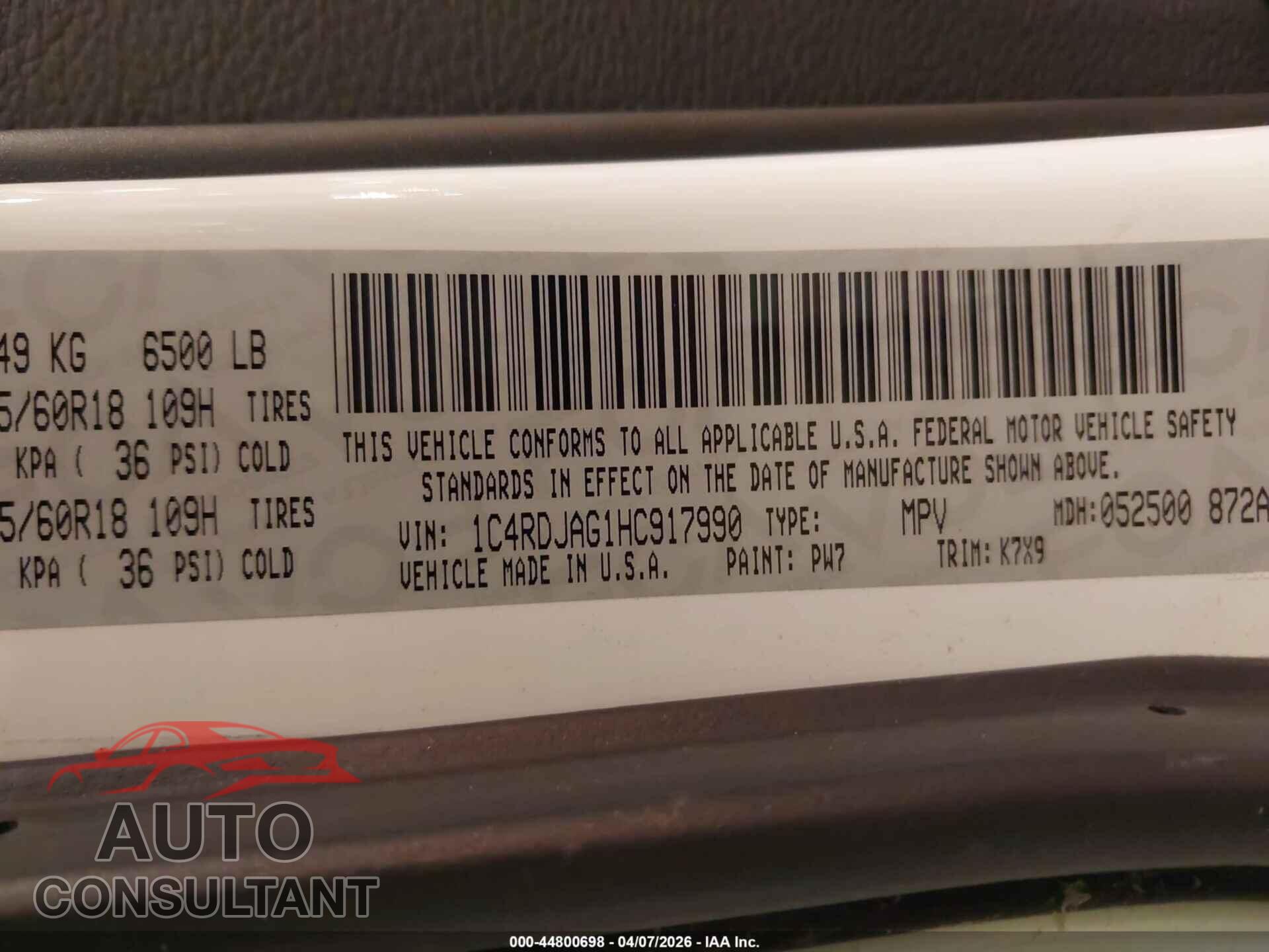 DODGE DURANGO 2017 - 1C4RDJAG1HC917990