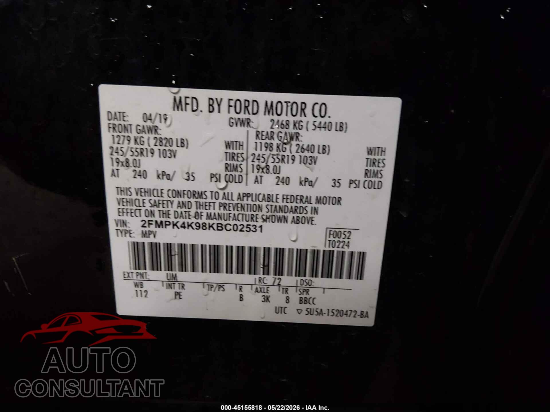 FORD EDGE 2019 - 2FMPK4K98KBC02531