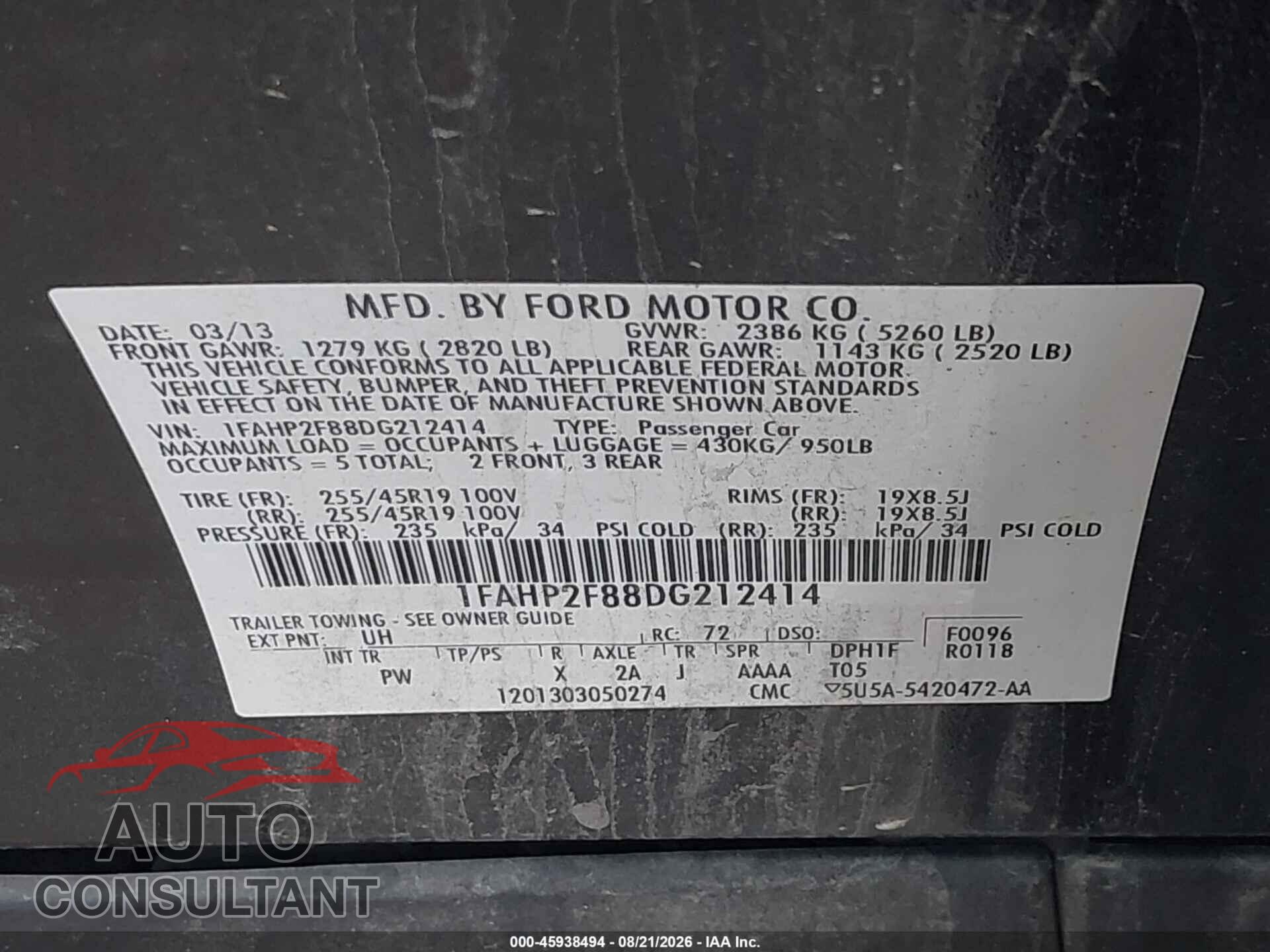FORD TAURUS 2013 - 1FAHP2F88DG212414