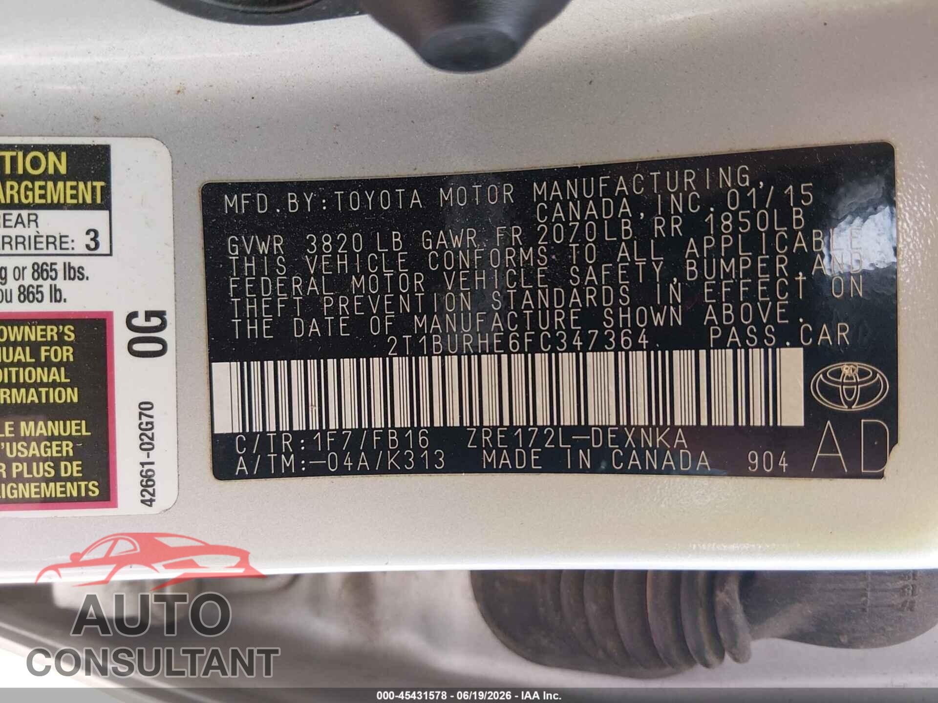 TOYOTA COROLLA 2015 - 2T1BURHE6FC347364