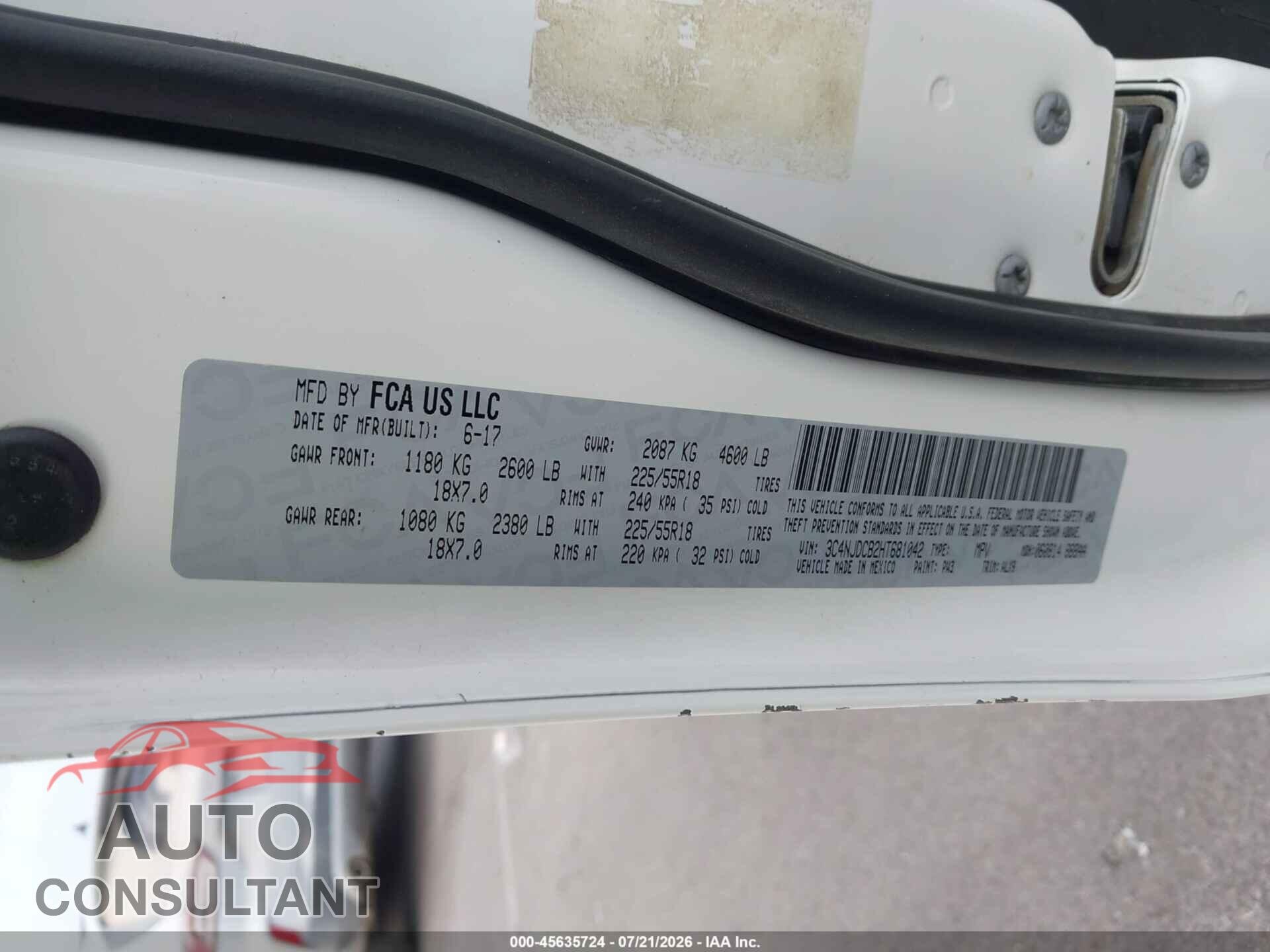 JEEP COMPASS 2017 - 3C4NJDCB2HT681042