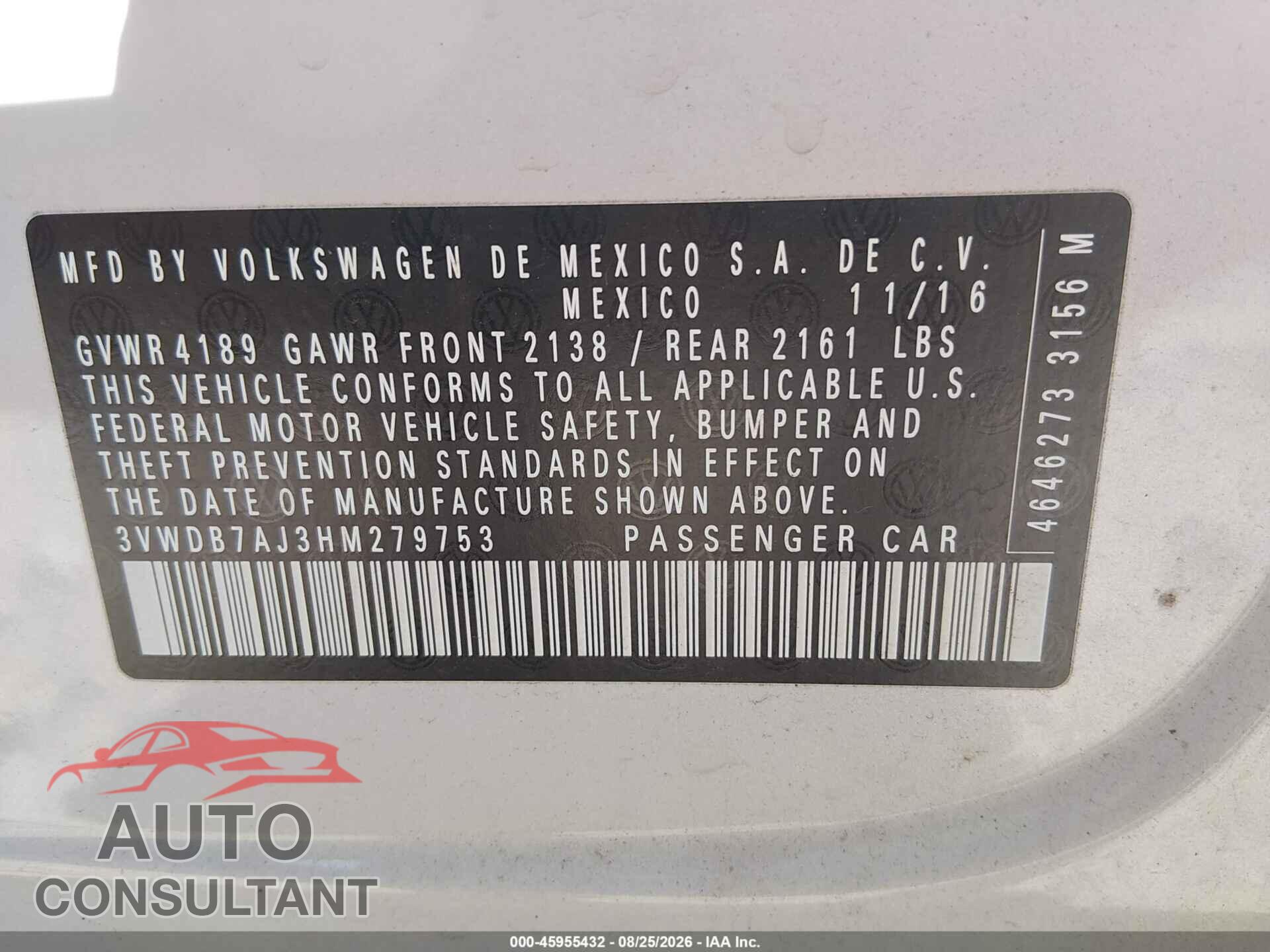 VOLKSWAGEN JETTA 2017 - 3VWDB7AJ3HM279753