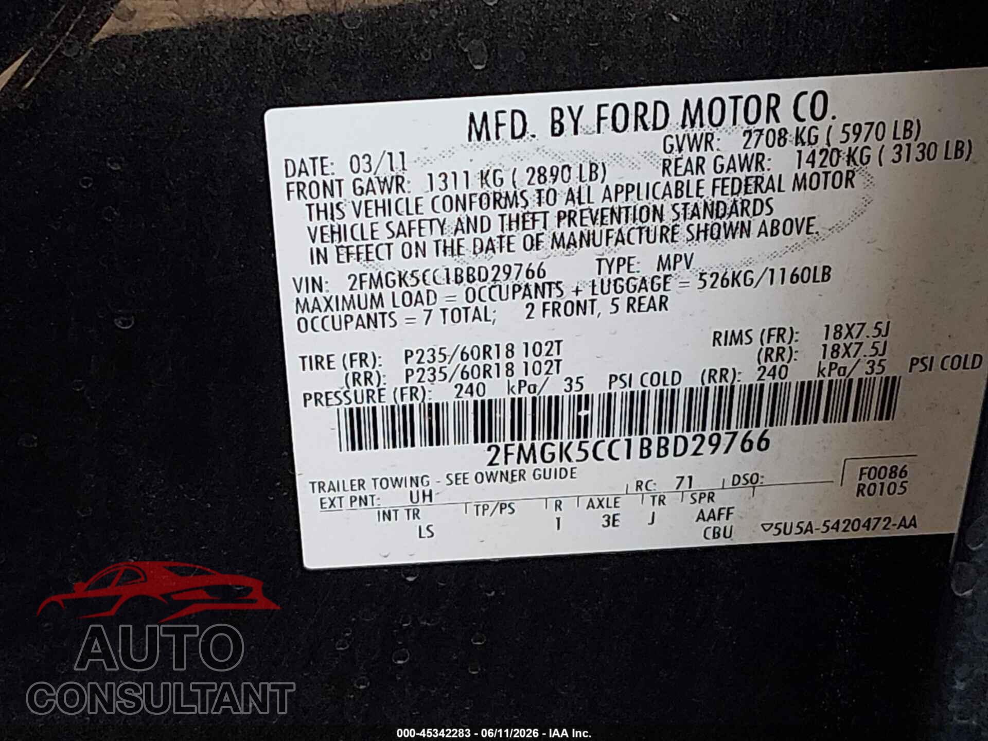 FORD FLEX 2011 - 2FMGK5CC1BBD29766