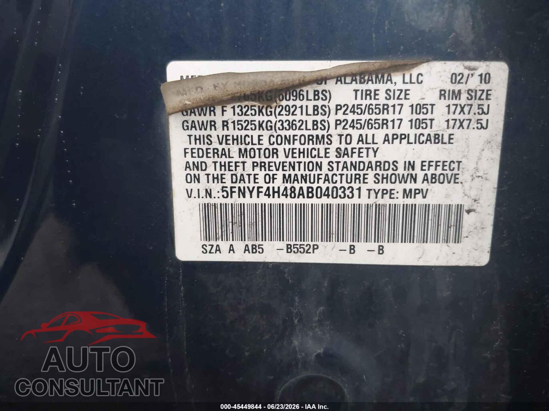 HONDA PILOT 2010 - 5FNYF4H48AB040331