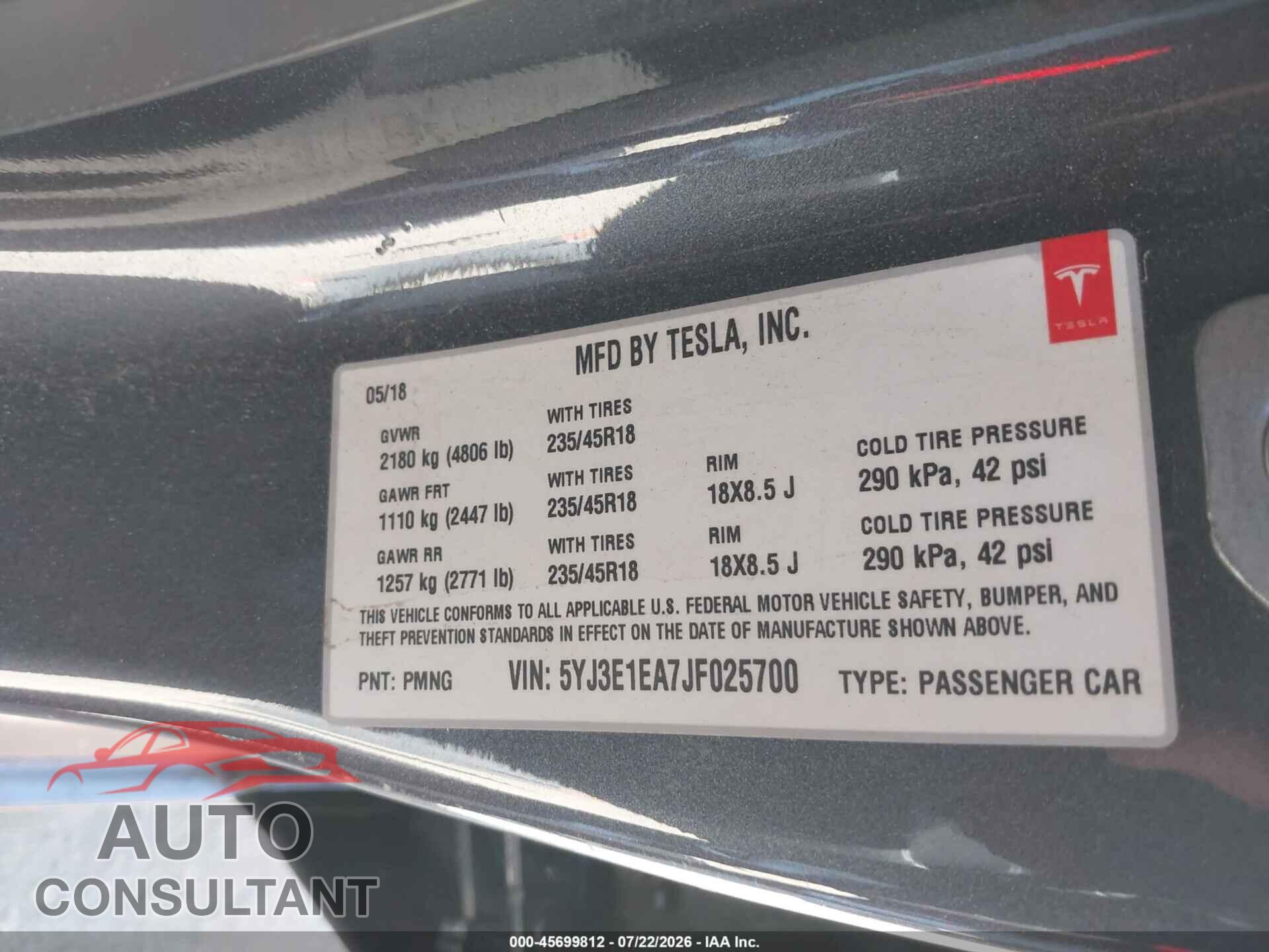 TESLA MODEL 3 2018 - 5YJ3E1EA7JF025700