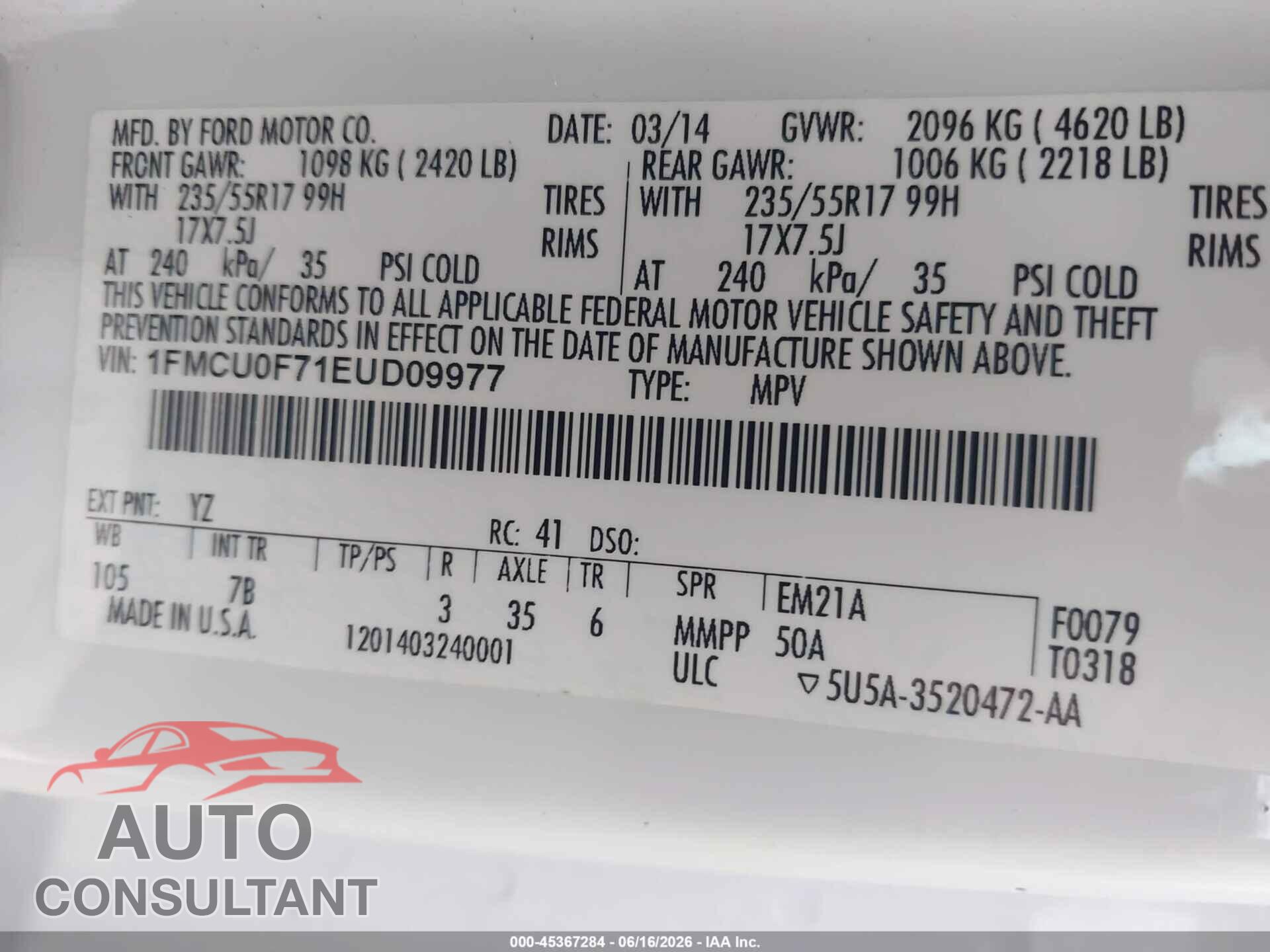 FORD ESCAPE 2014 - 1FMCU0F71EUD09977