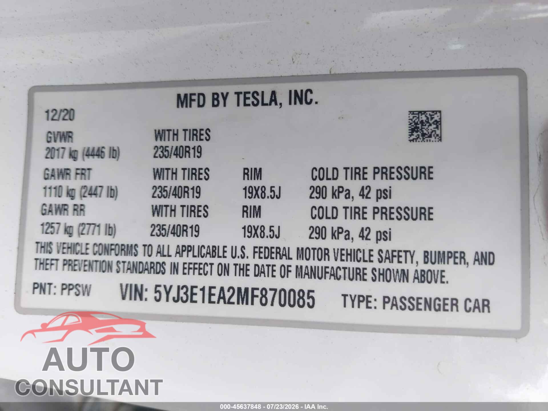 TESLA MODEL 3 2021 - 5YJ3E1EA2MF870085