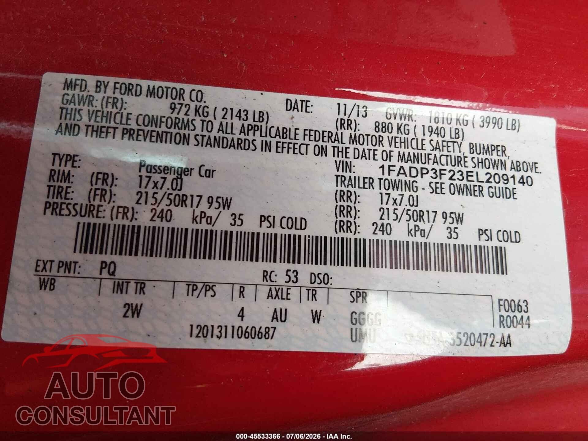 FORD FOCUS 2014 - 1FADP3F23EL209140
