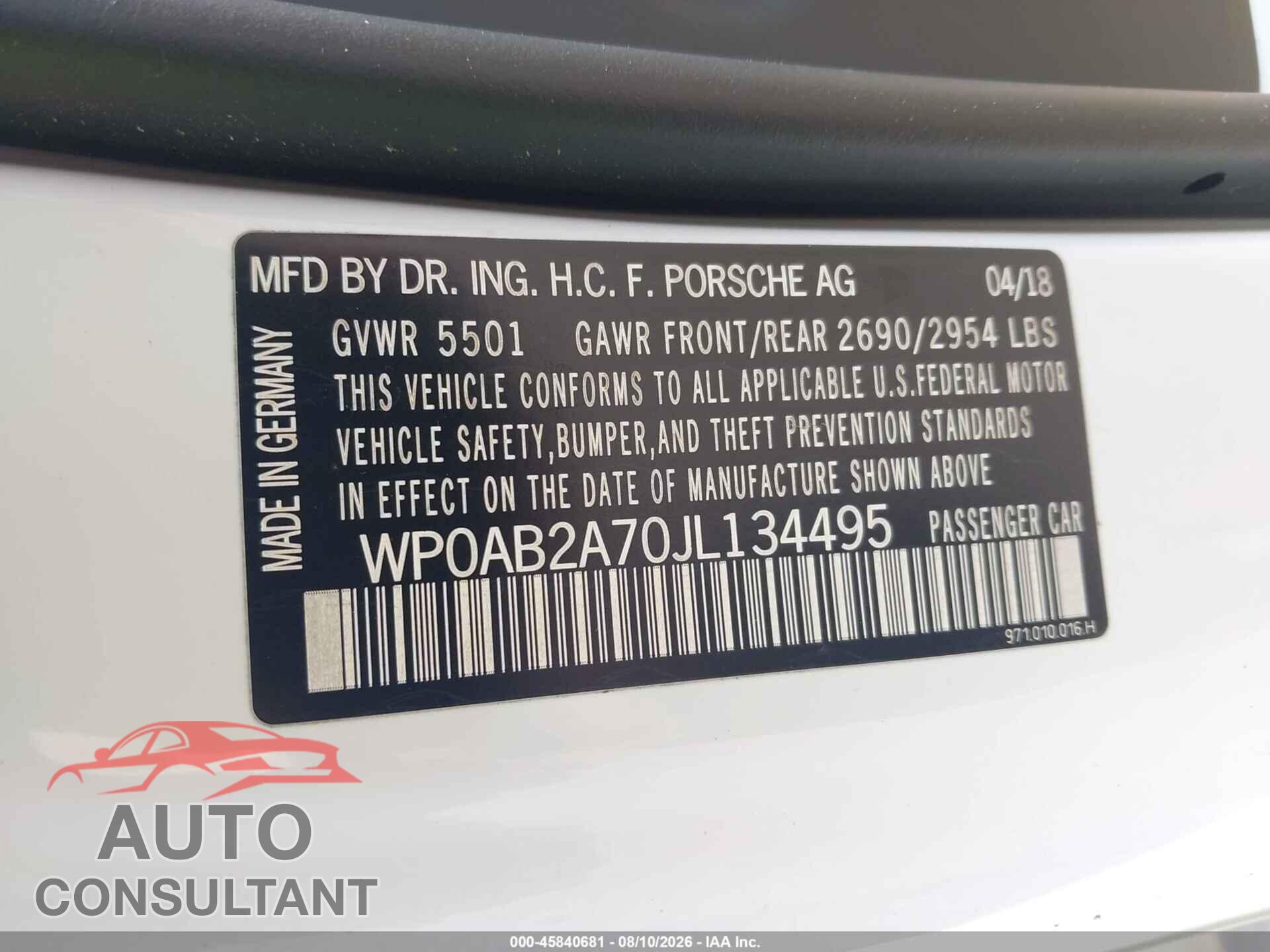PORSCHE PANAMERA 2018 - WP0AB2A70JL134495