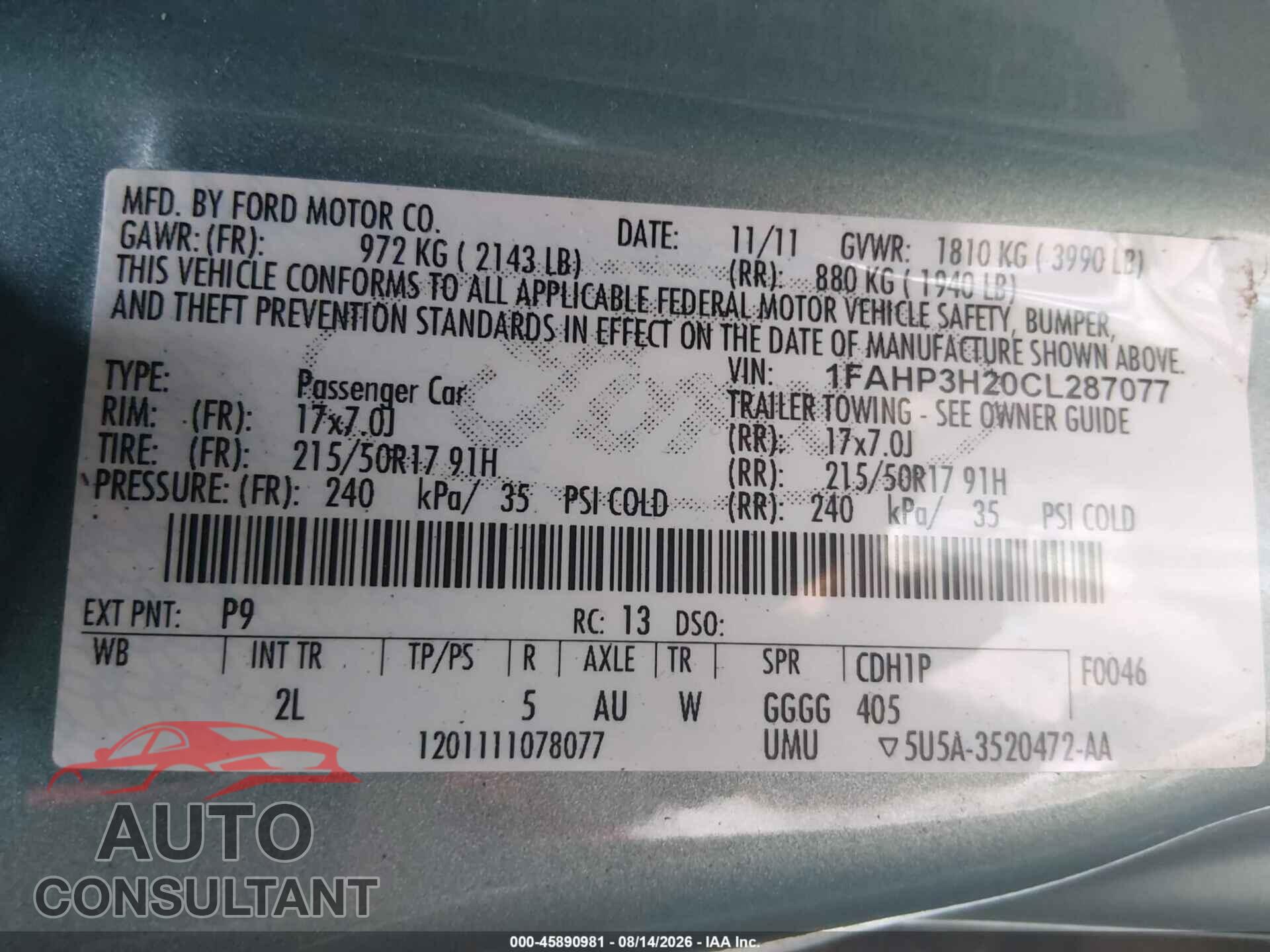 FORD FOCUS 2012 - 1FAHP3H20CL287077