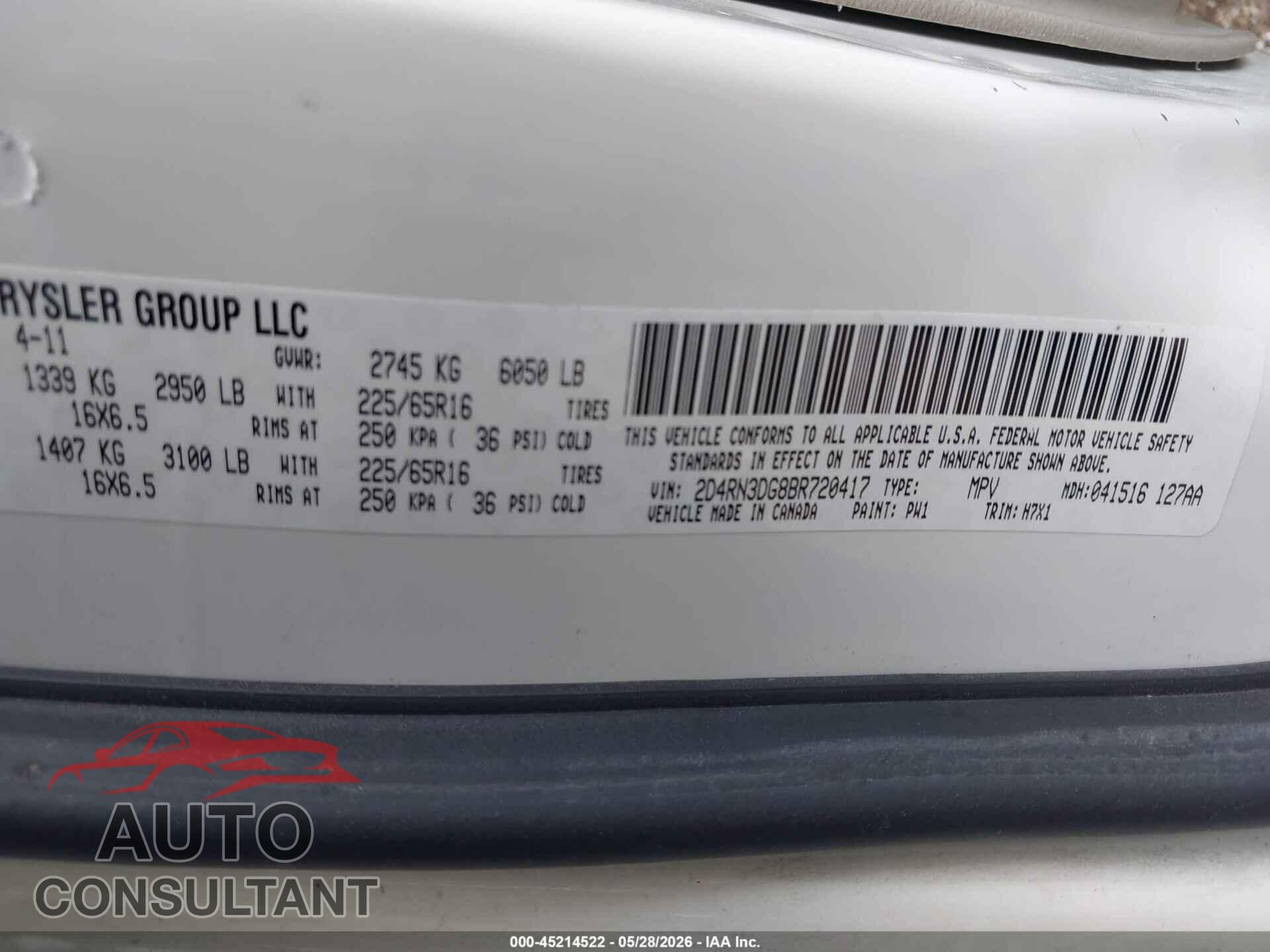 DODGE GRAND CARAVAN 2011 - 2D4RN3DG8BR720417