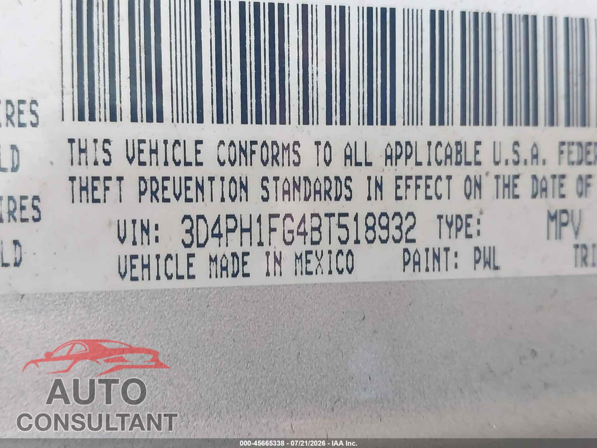 DODGE JOURNEY 2011 - 3D4PH1FG4BT518932