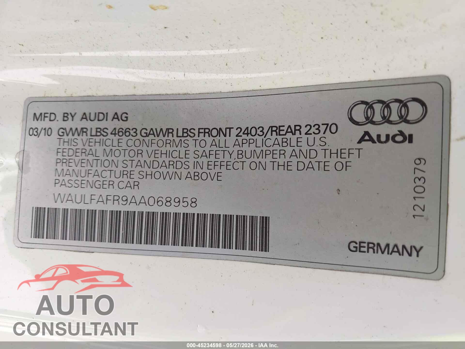 AUDI A5 2010 - WAULFAFR9AA068958