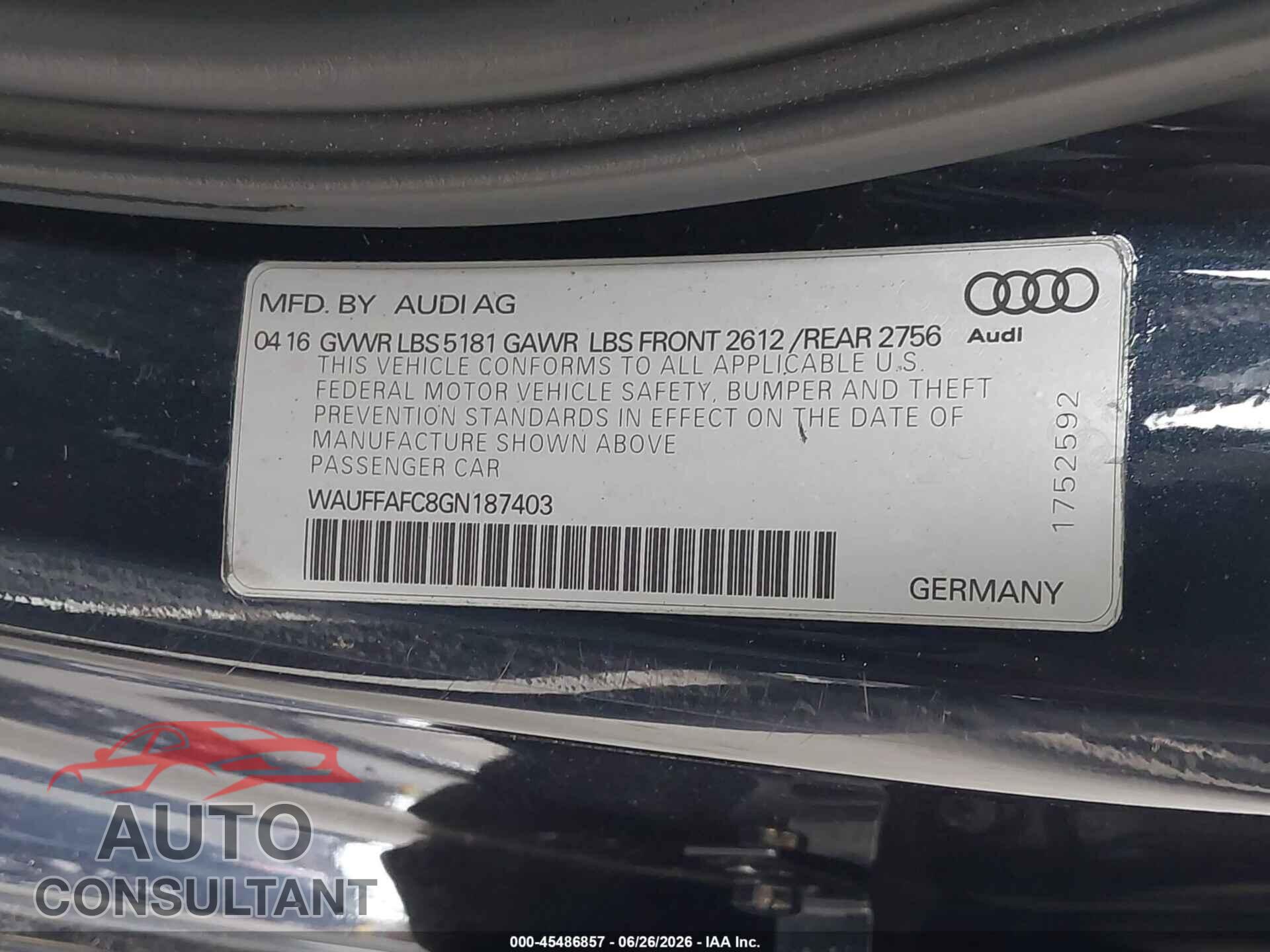 AUDI A6 2016 - WAUFFAFC8GN187403