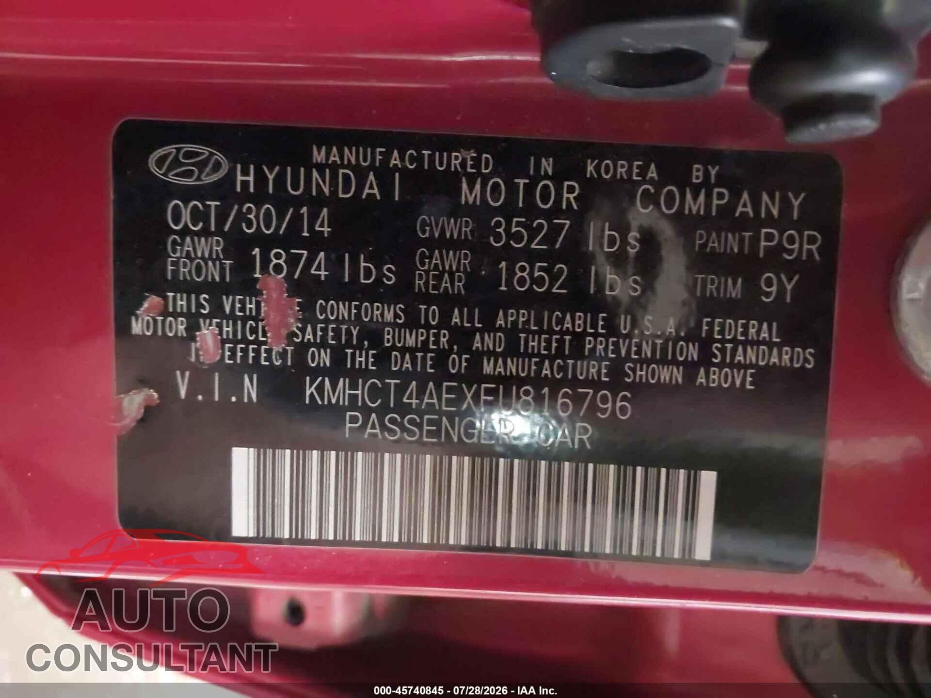 HYUNDAI ACCENT 2015 - KMHCT4AEXFU816796