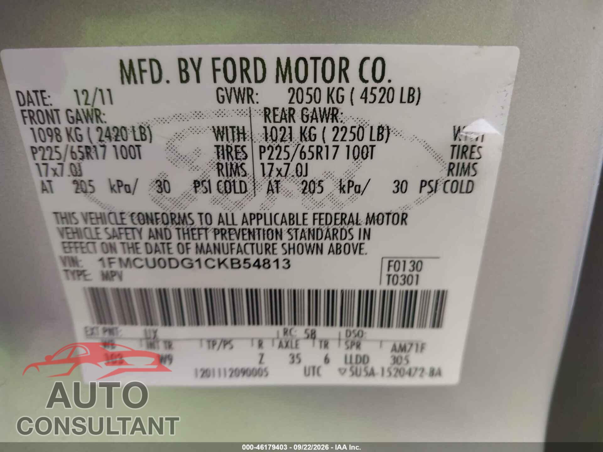 FORD ESCAPE 2012 - 1FMCU0DG1CKB54813