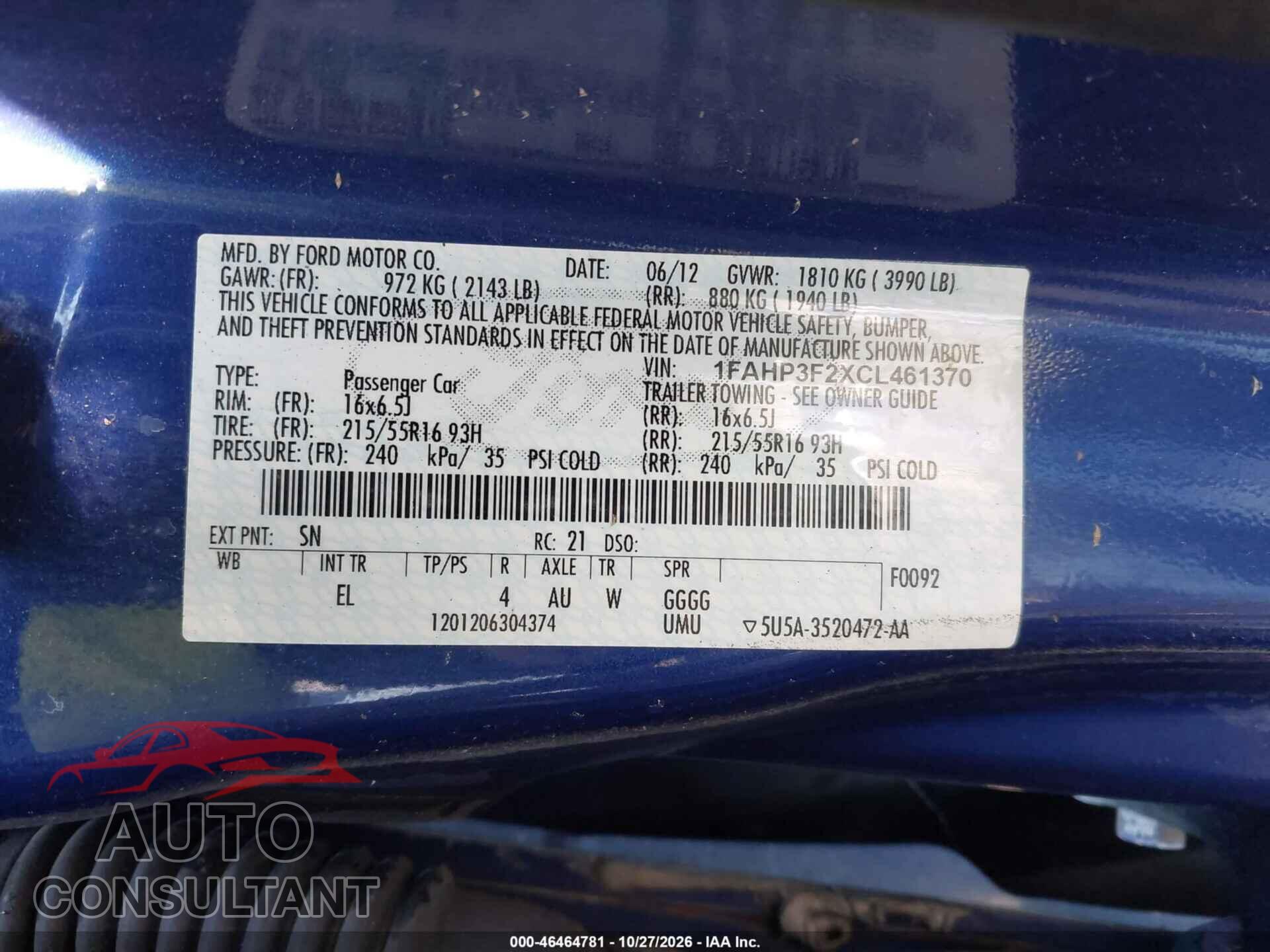 FORD FOCUS 2012 - 1FAHP3F2XCL461370
