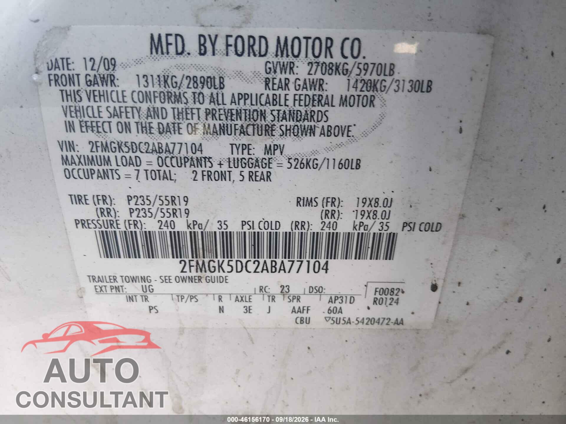 FORD FLEX 2010 - 2FMGK5DC2ABA77104