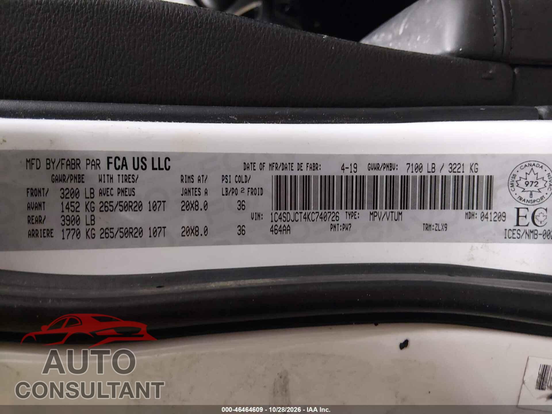 DODGE DURANGO 2019 - 1C4SDJCT4KC740726